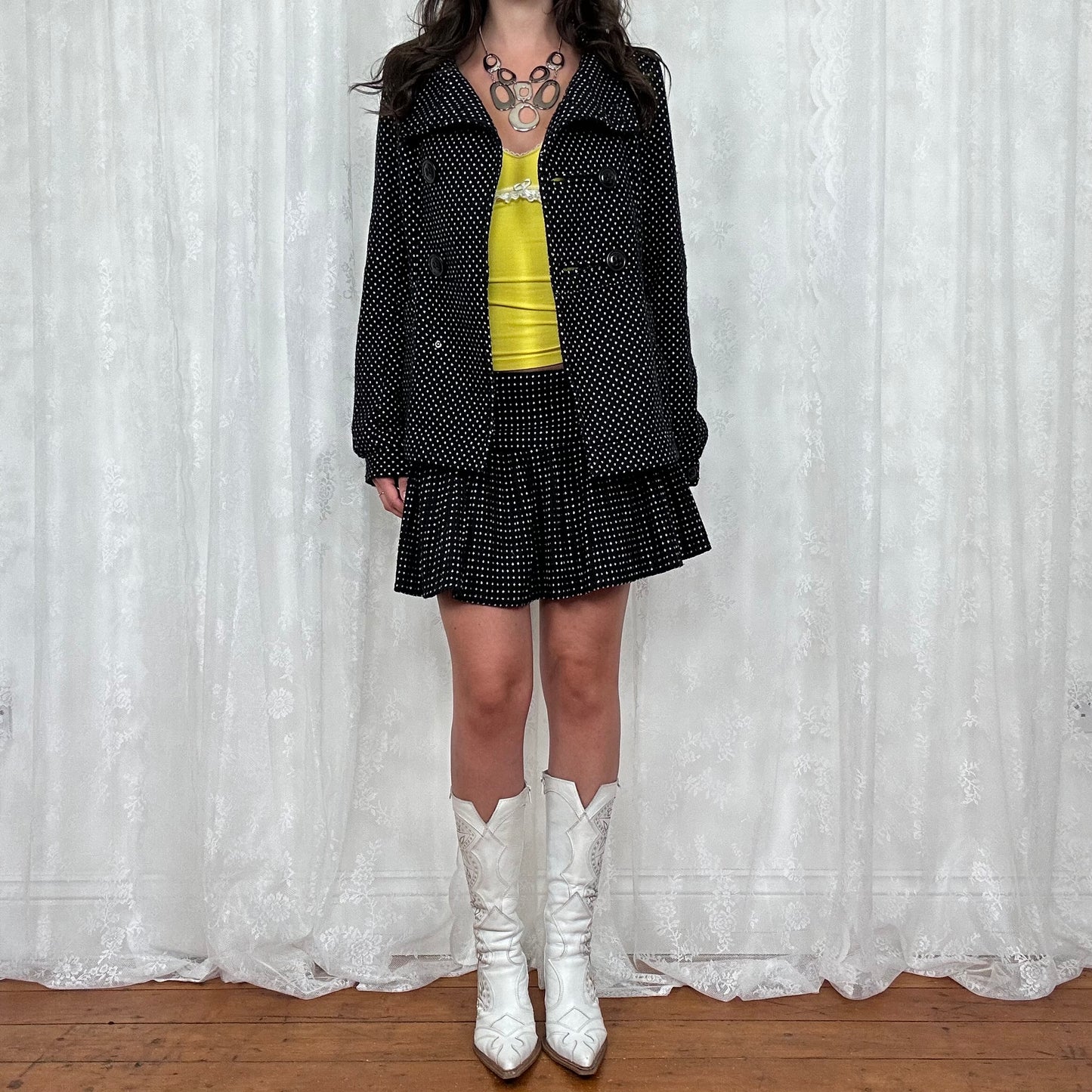 vintage 00s black and white polka dot trench coat and mini skirt co ord
