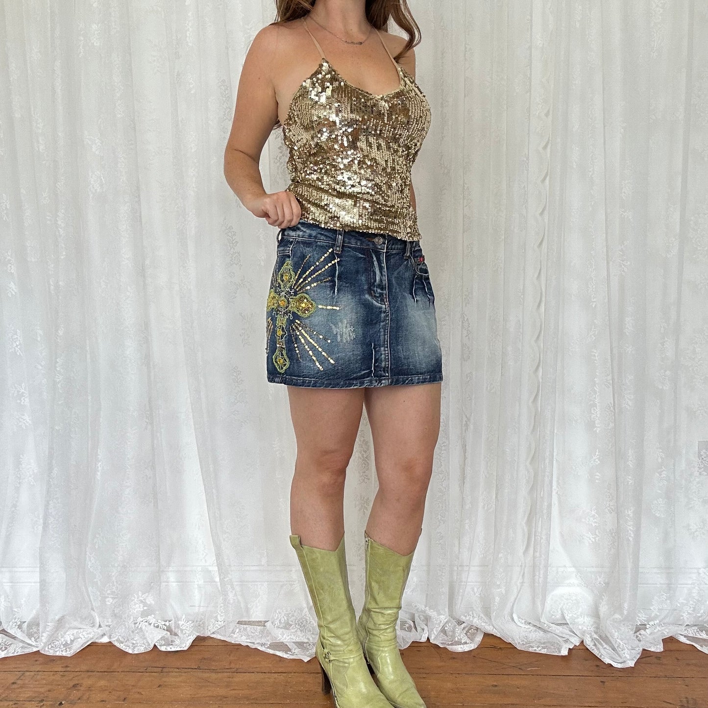 vintage 00s denim mini skirt with gold cross