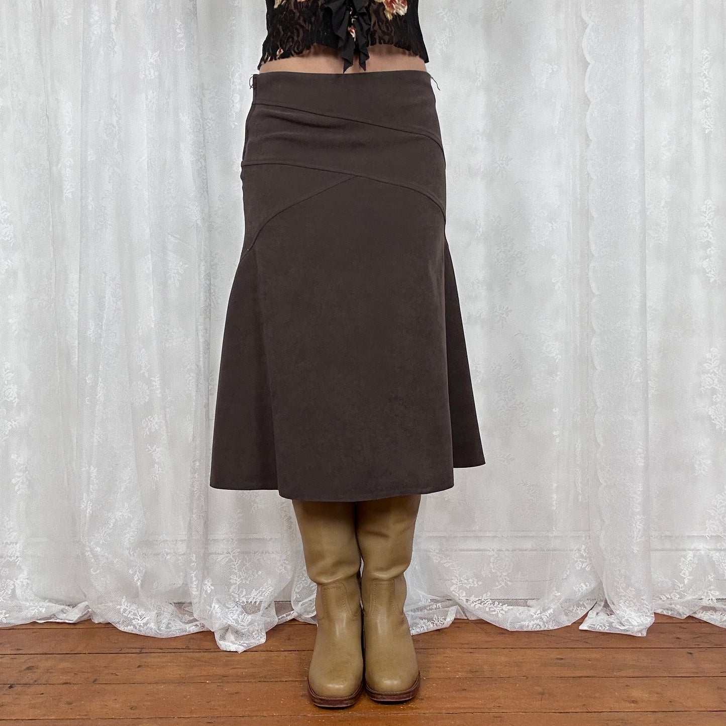 vintage 00s brown suedette midi skirt
