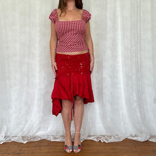 vintage 00s red checkered tie back milkmaid top