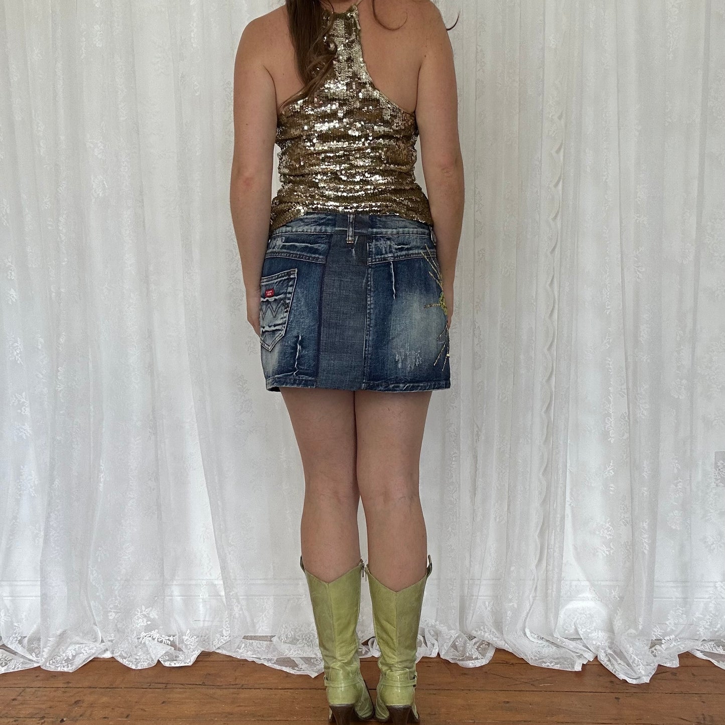 vintage 00s denim mini skirt with gold cross