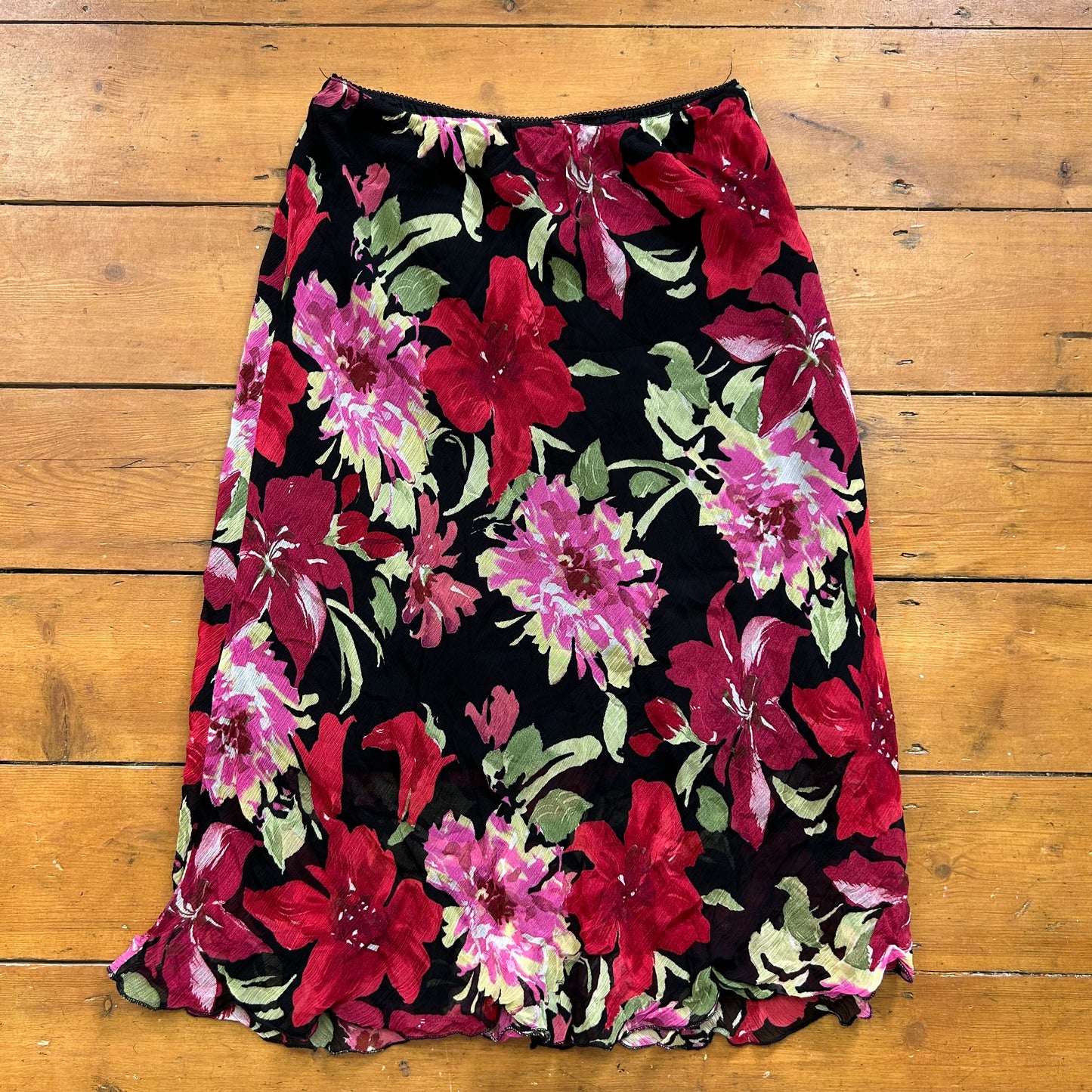 vintage 00s black floral mesh midi skirt