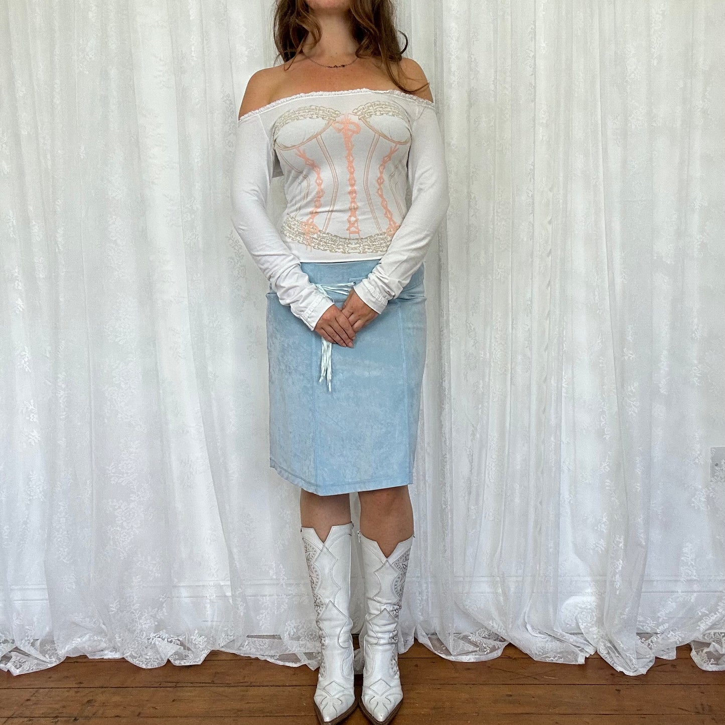 vintage 00s white long sleeve corset graphic top