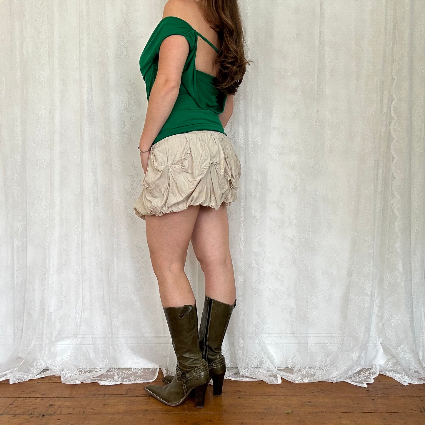 vintage 00s green o ring cowl neck top