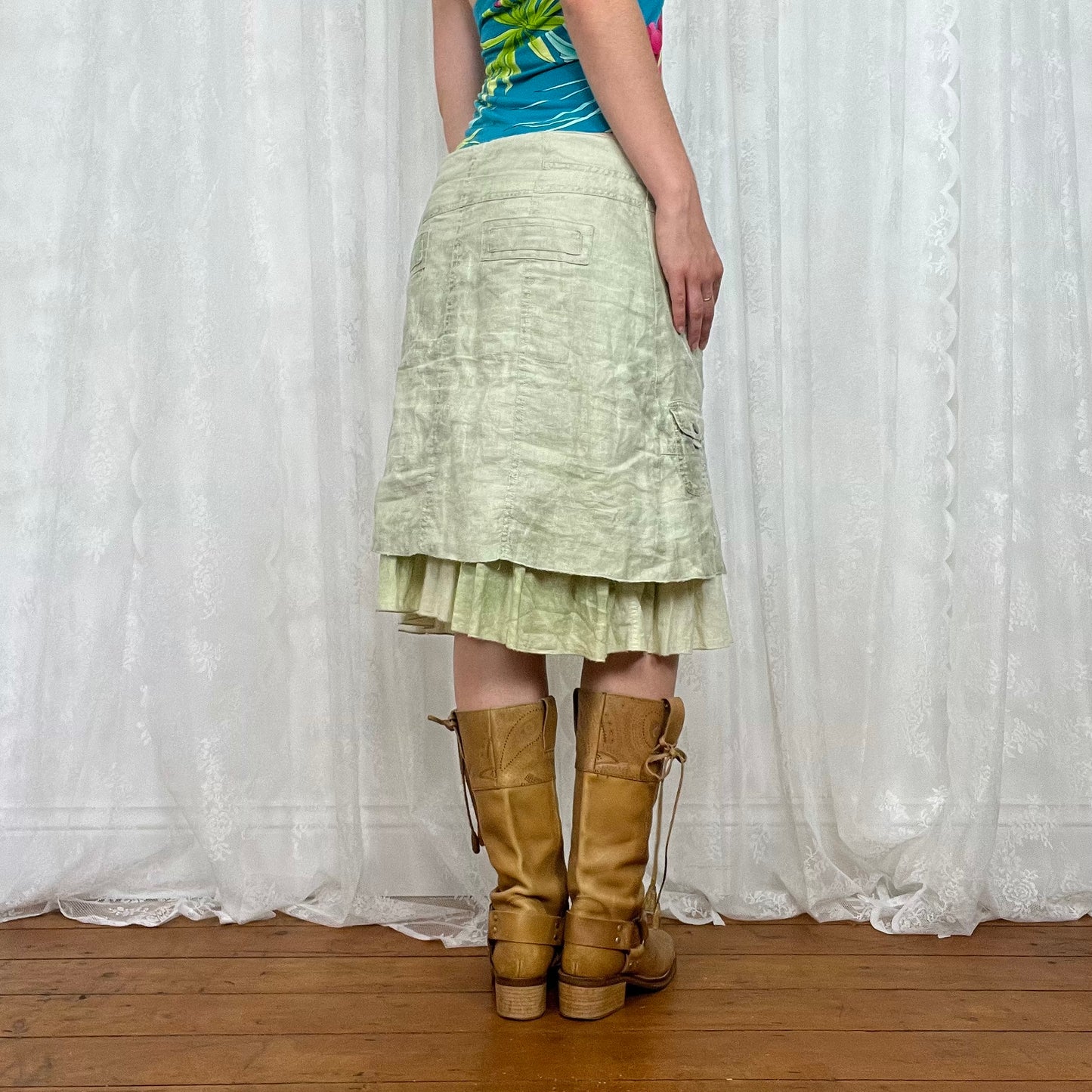 vintage 00s green embroidered midi skirt with belt