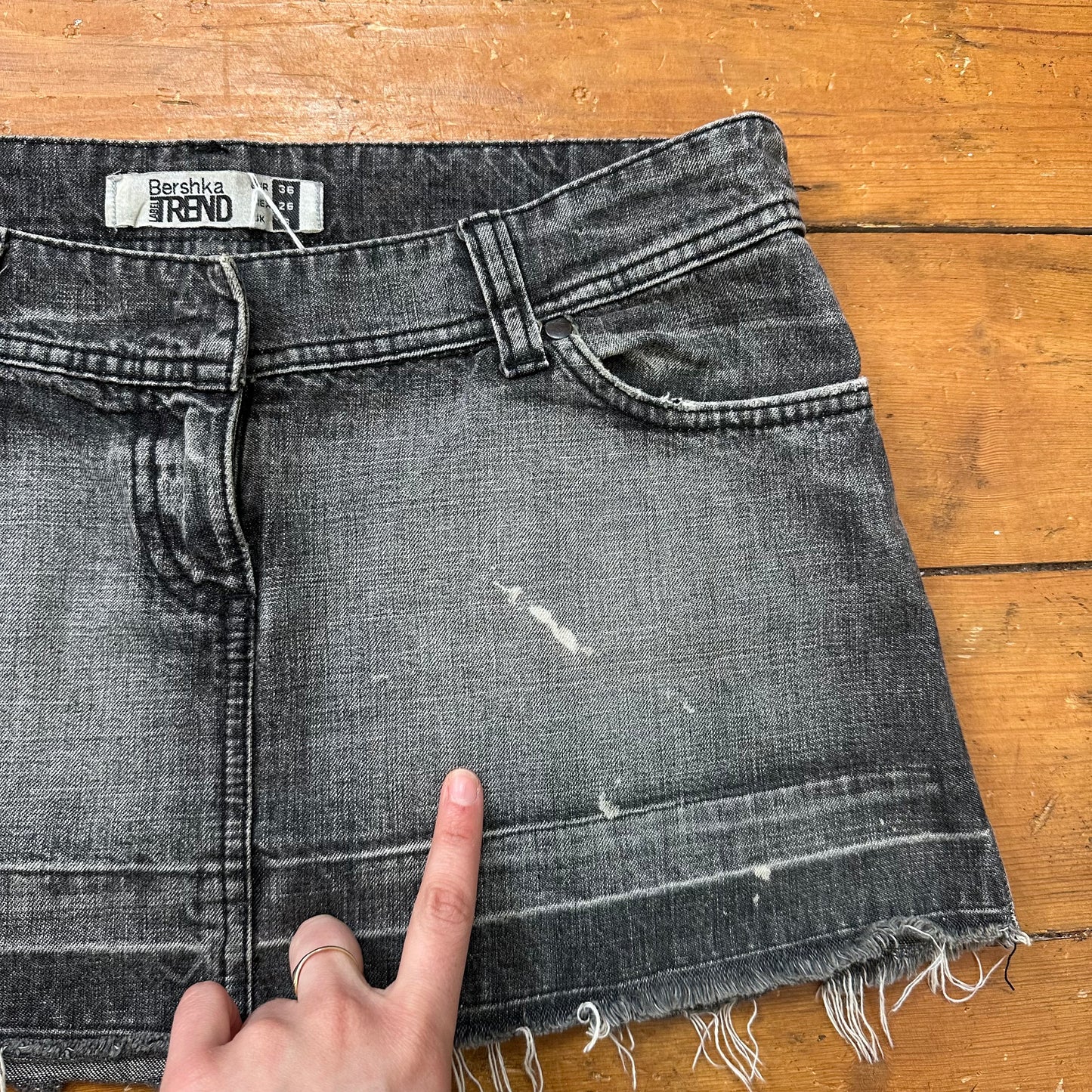 vintage 00s washed grey denim distressed mini skirt