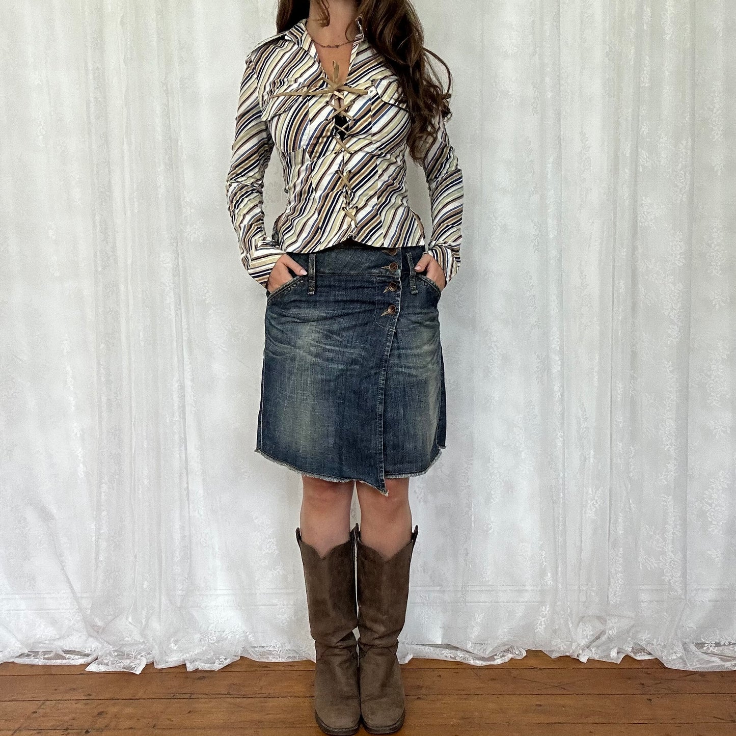 vintage 00s brown and blue stripe corset tie up shirt