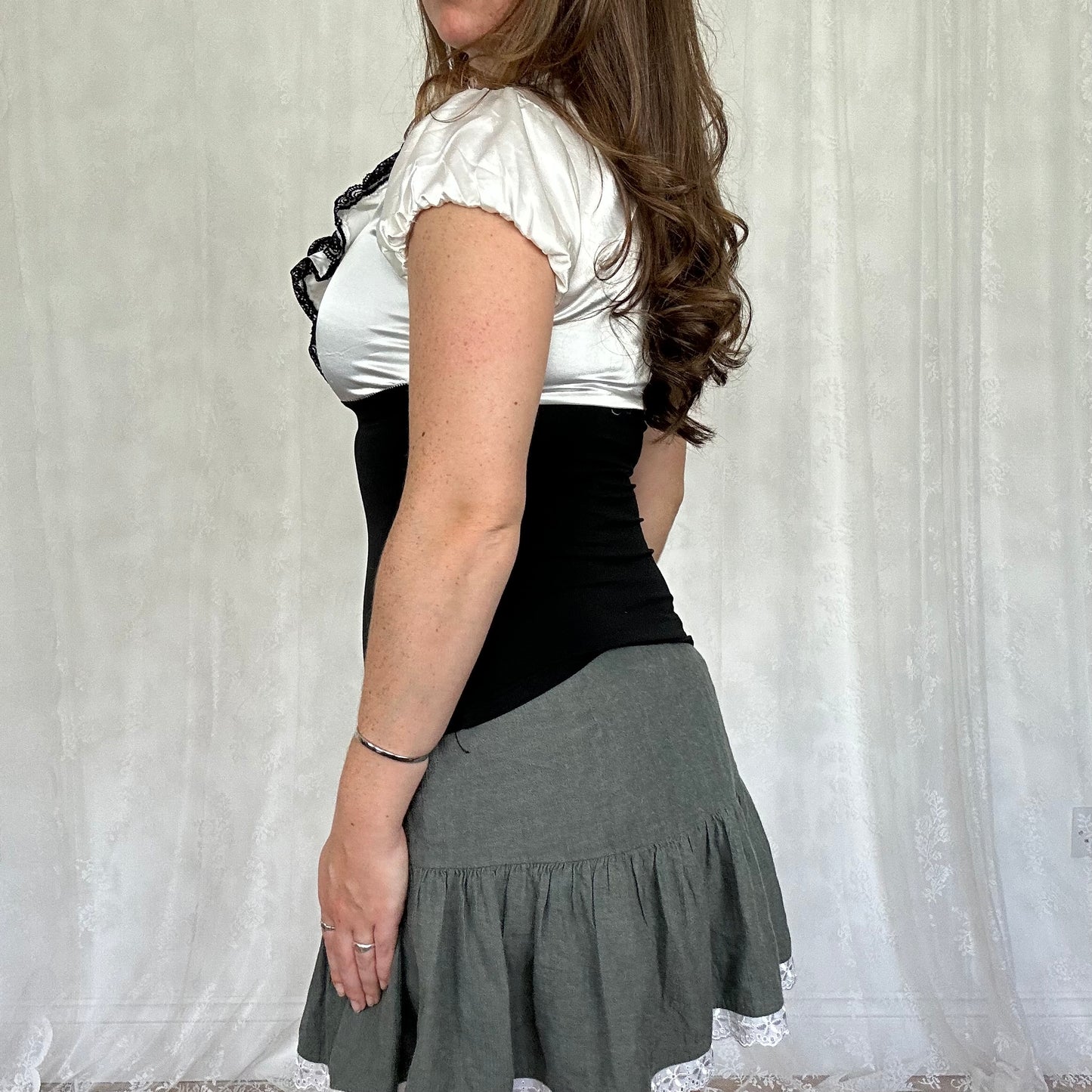 vintage 00s white and black satin ruffle top