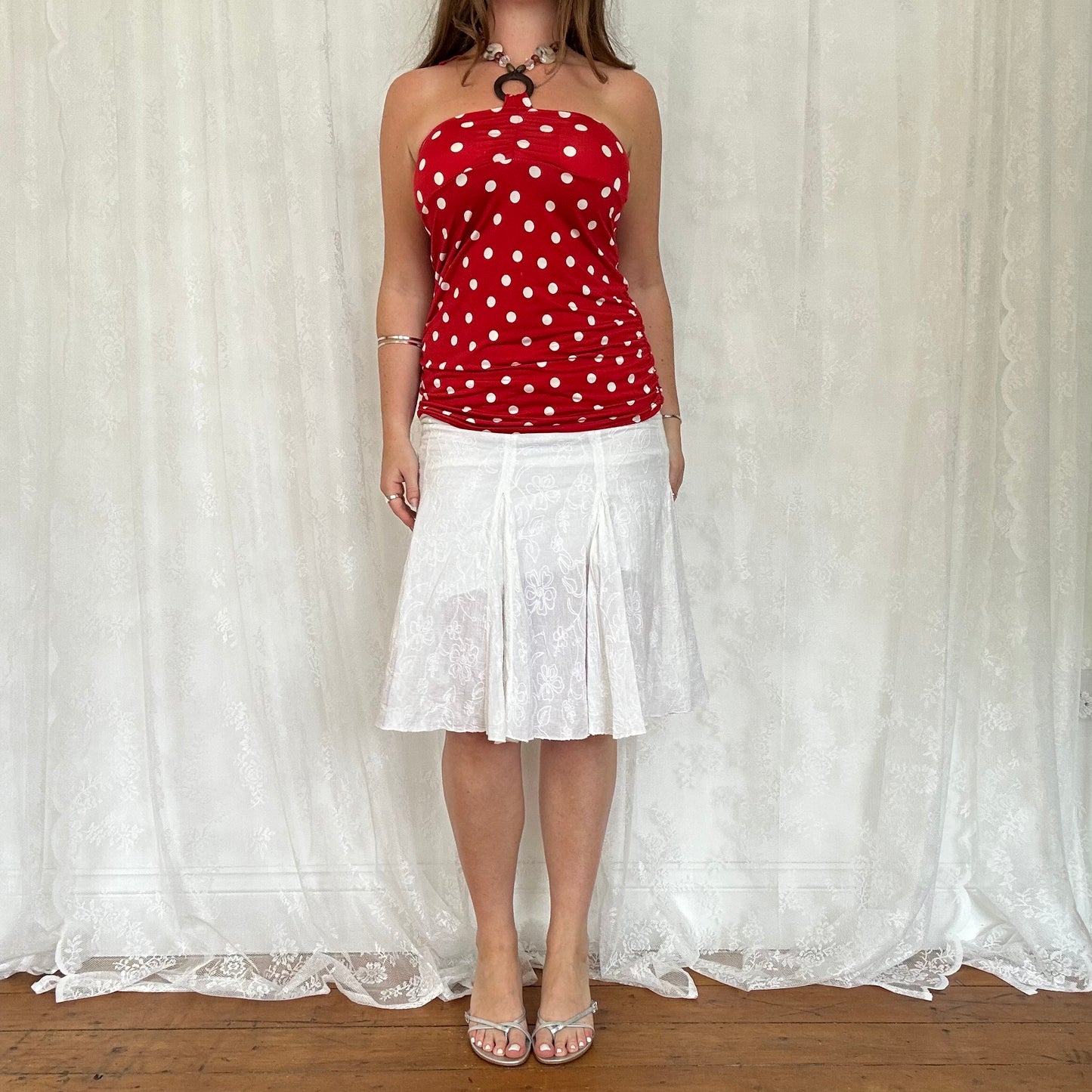 vintage 00s red polka dot halterneck top with beaded o ring details