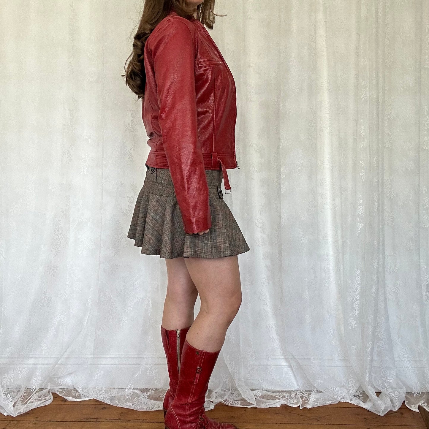 vintage 00s red leather zip up biker style jacket