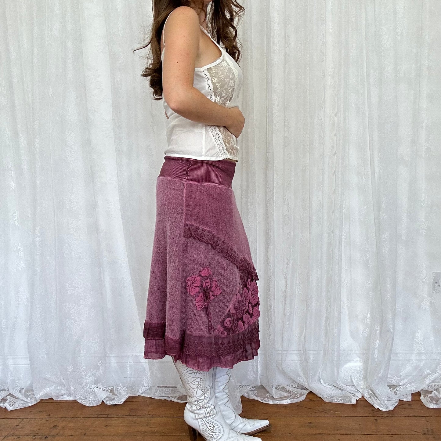 vintage 00s purple knitted lace midi skirt