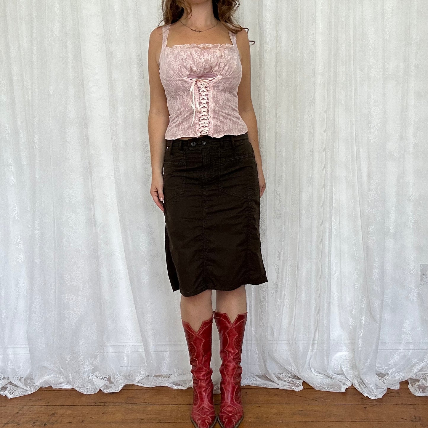 vintage 00s brown cargo midi skirt