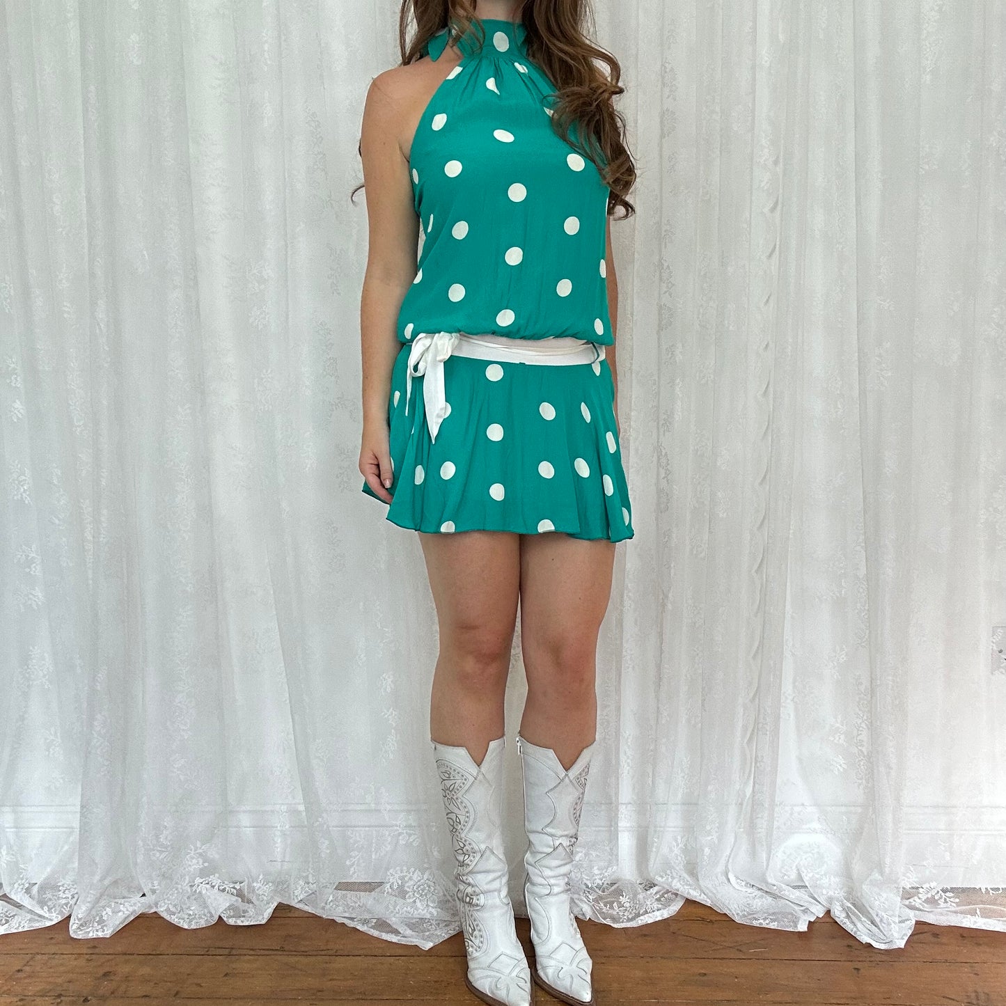 vintage 00s green polka dot halter dress