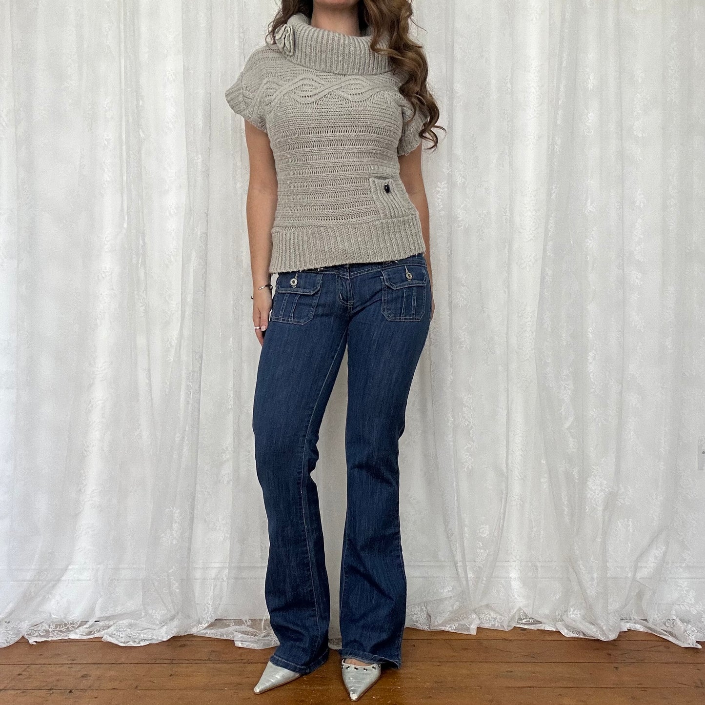 vintage 00s grey chunky knit short sleeve jumper