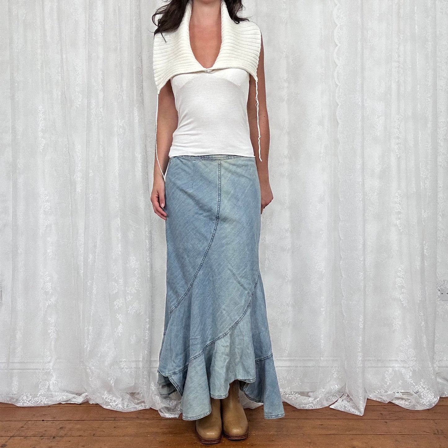 vintage 00s light wash denim pleated maxi skirt