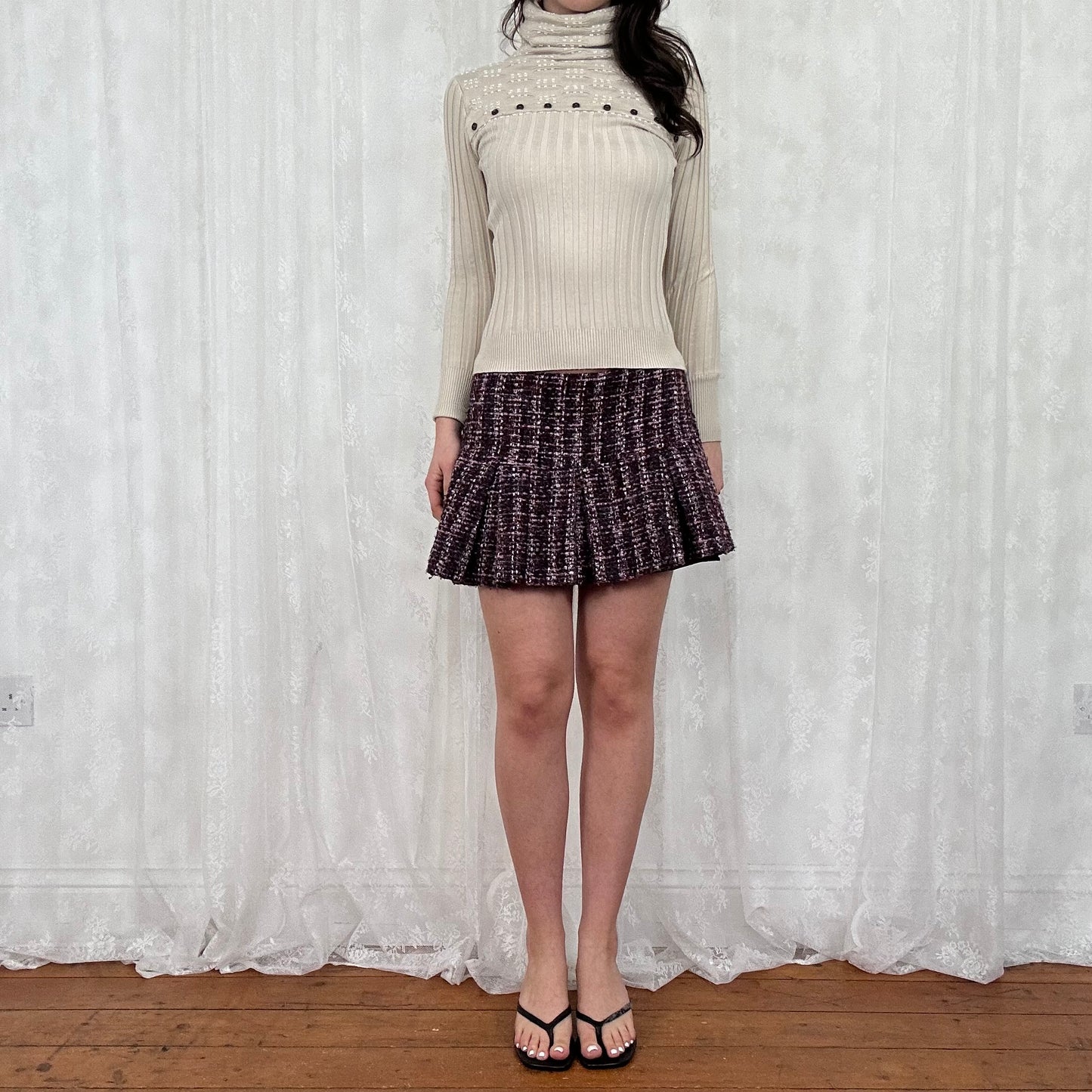 vintage 00s beige ribbed button long sleeve top