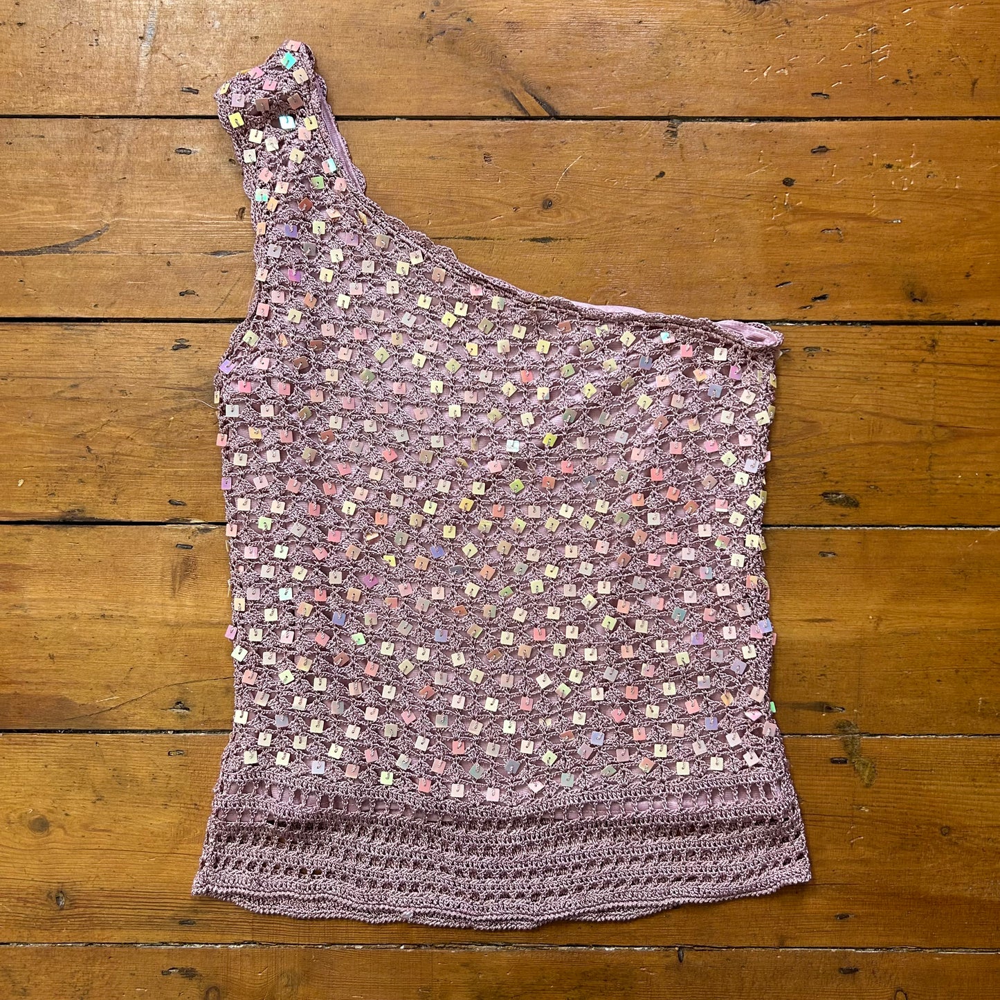 vintage 00s pink sequin crochet one shoulder top