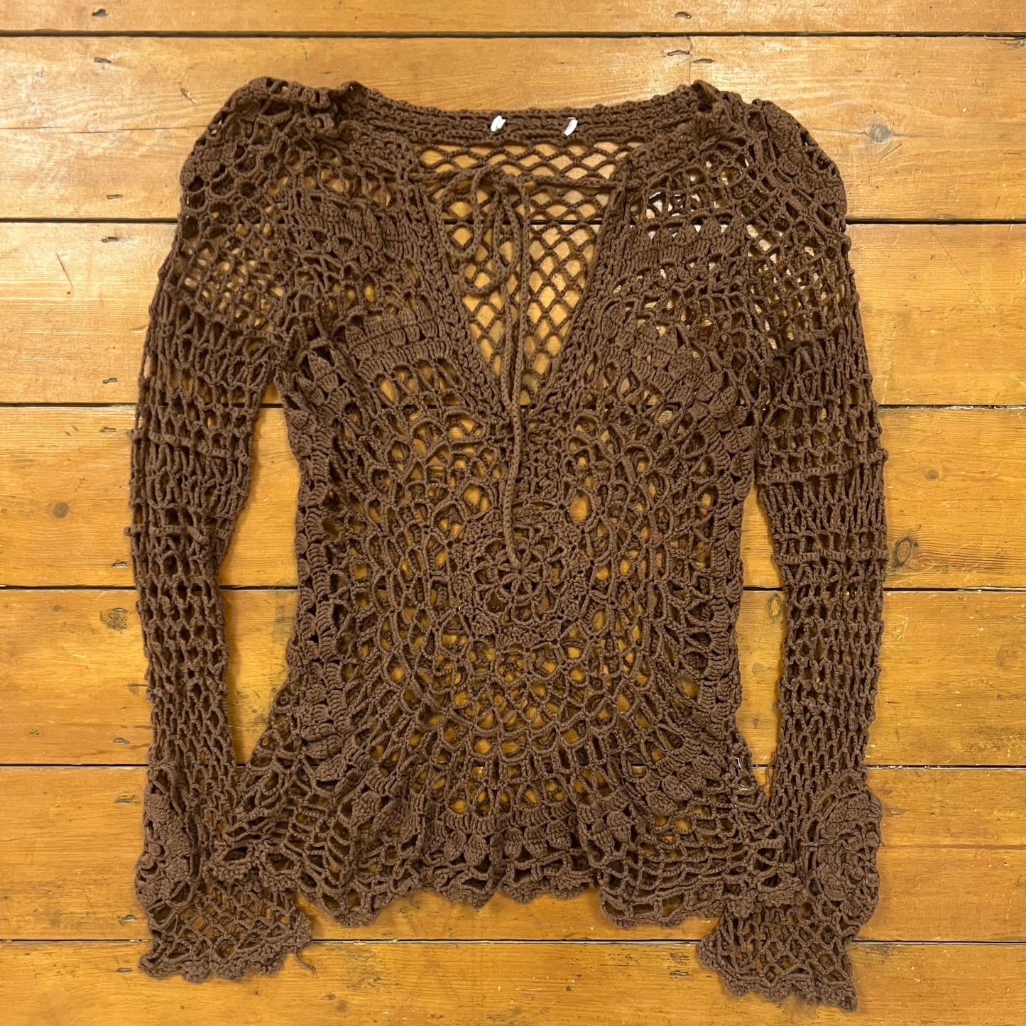 vintage 00s brown crochet long sleeve top