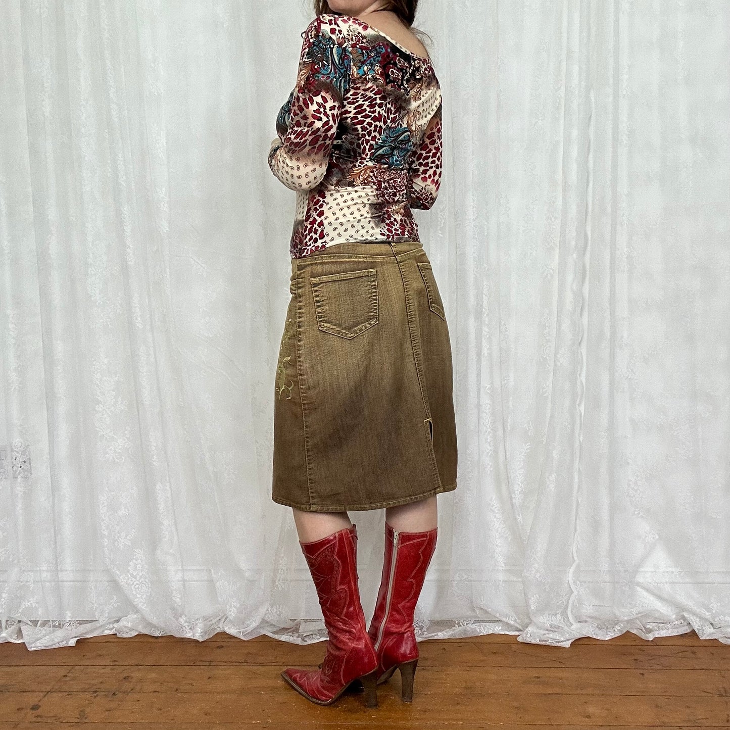 vintage 00s paisley leopard print off shoulder top