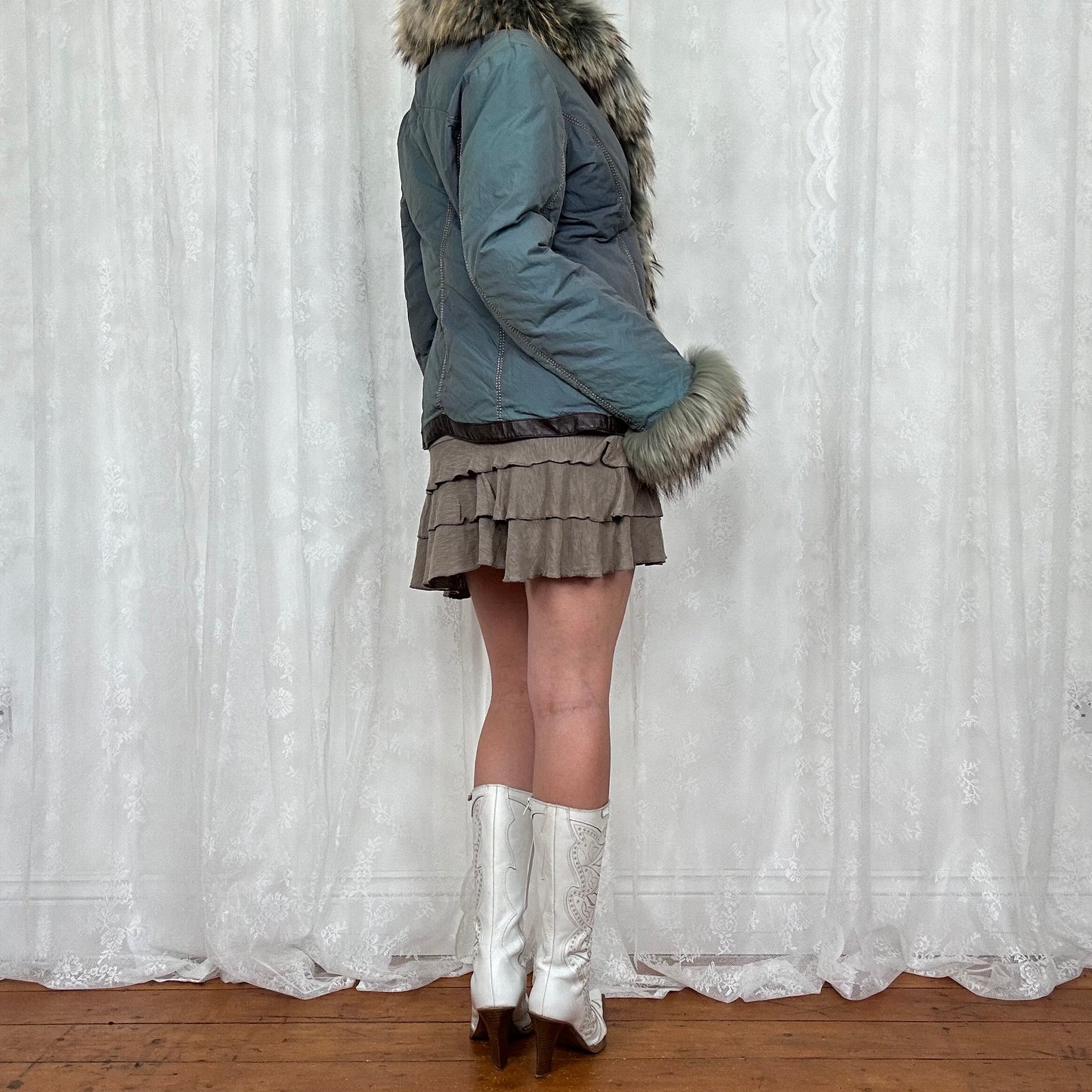 vintage 00s blue padded afghan jacket with faux fur trim and buckles