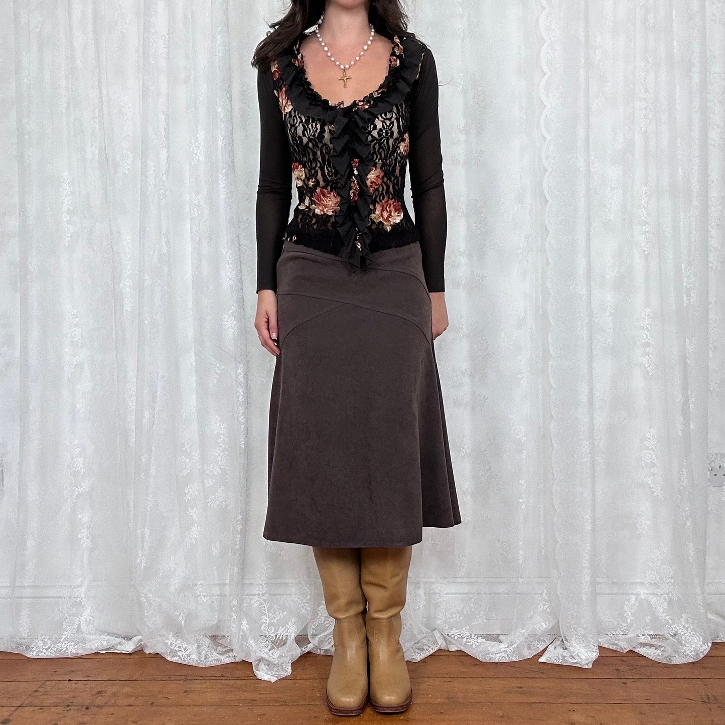 vintage 00s brown suedette midi skirt