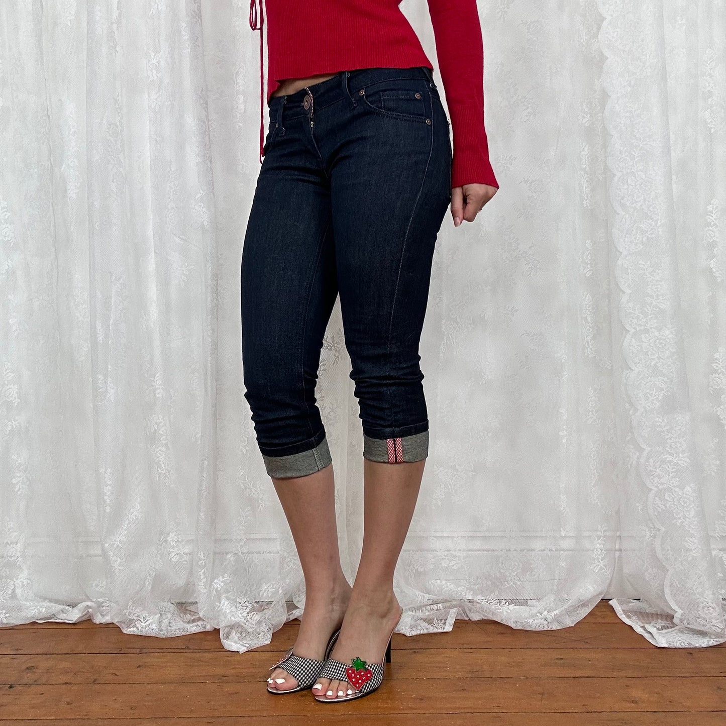 vintage 00s dark denim capris with gingham trim