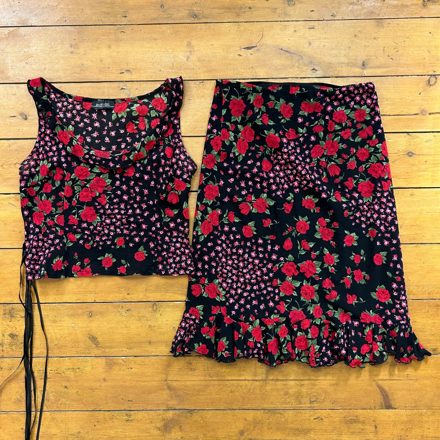 vintage 00s black floral print mesh skirt and top co ord