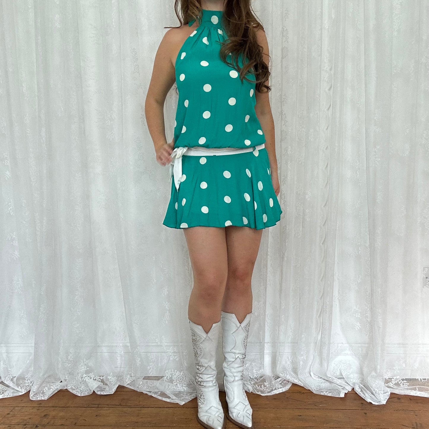 vintage 00s green polka dot halter dress