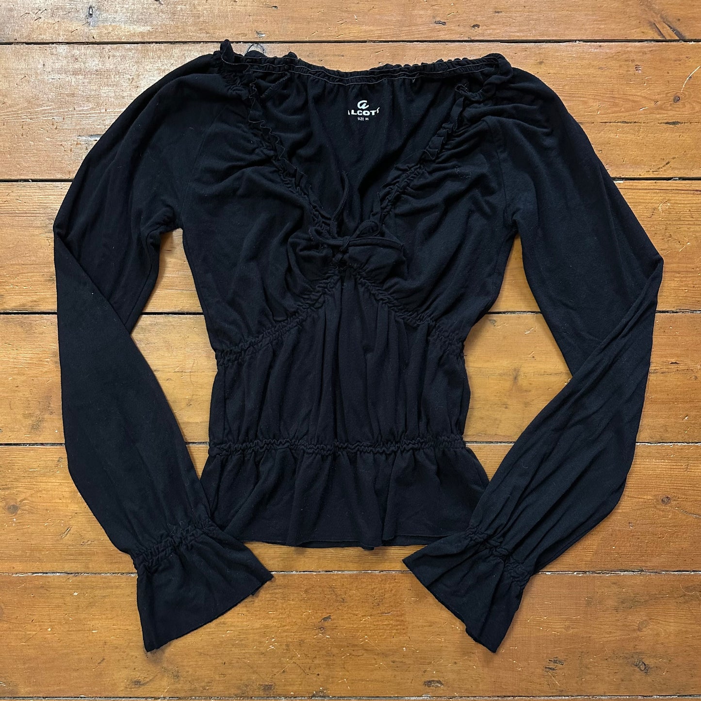 vintage 00s black shirred long sleeve milkmaid top
