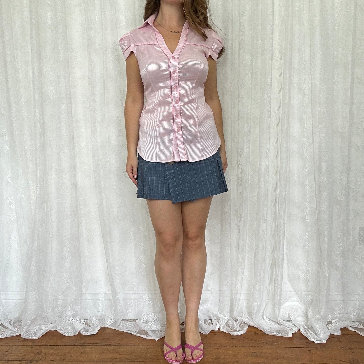 vintage 00s pink pinstripe short sleeve shirt