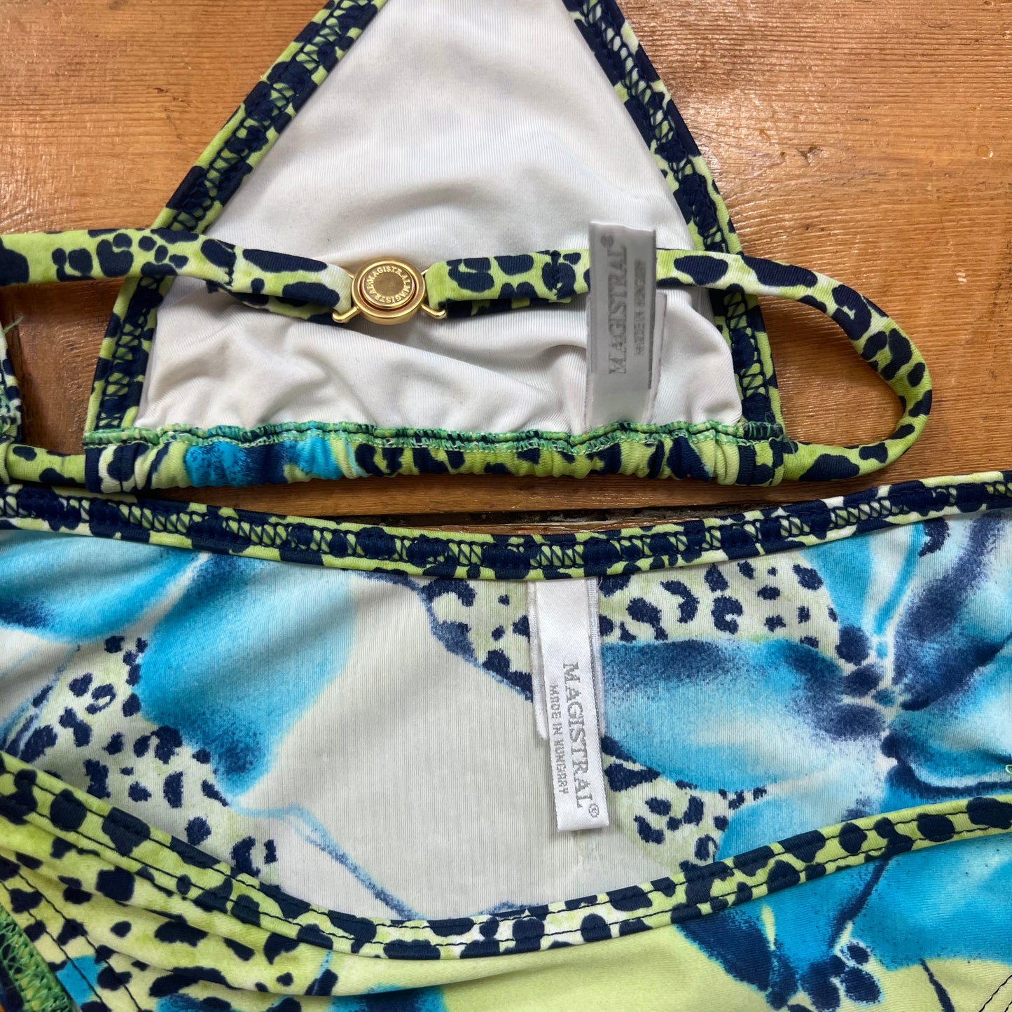 vintage 00s blue and green leopard print bikini set