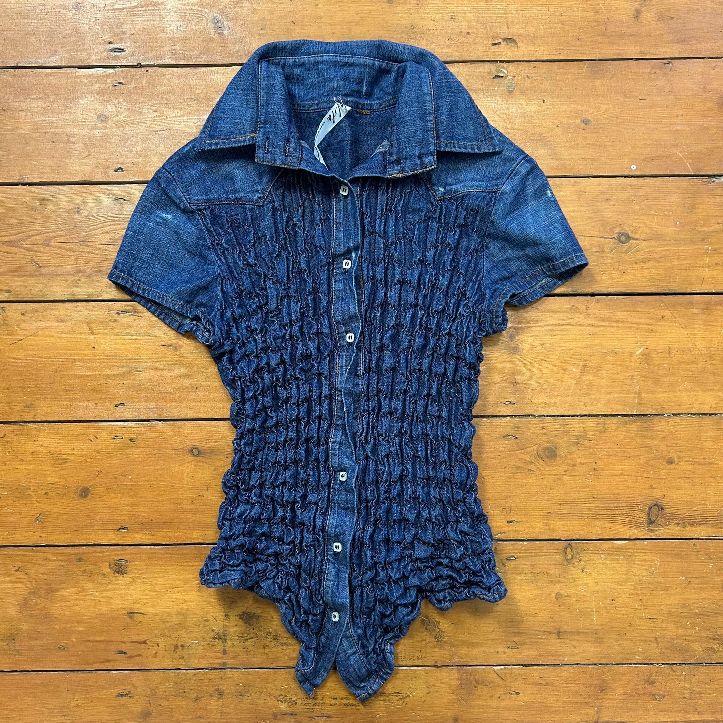 vintage 00s shirred short sleeve denim shirt