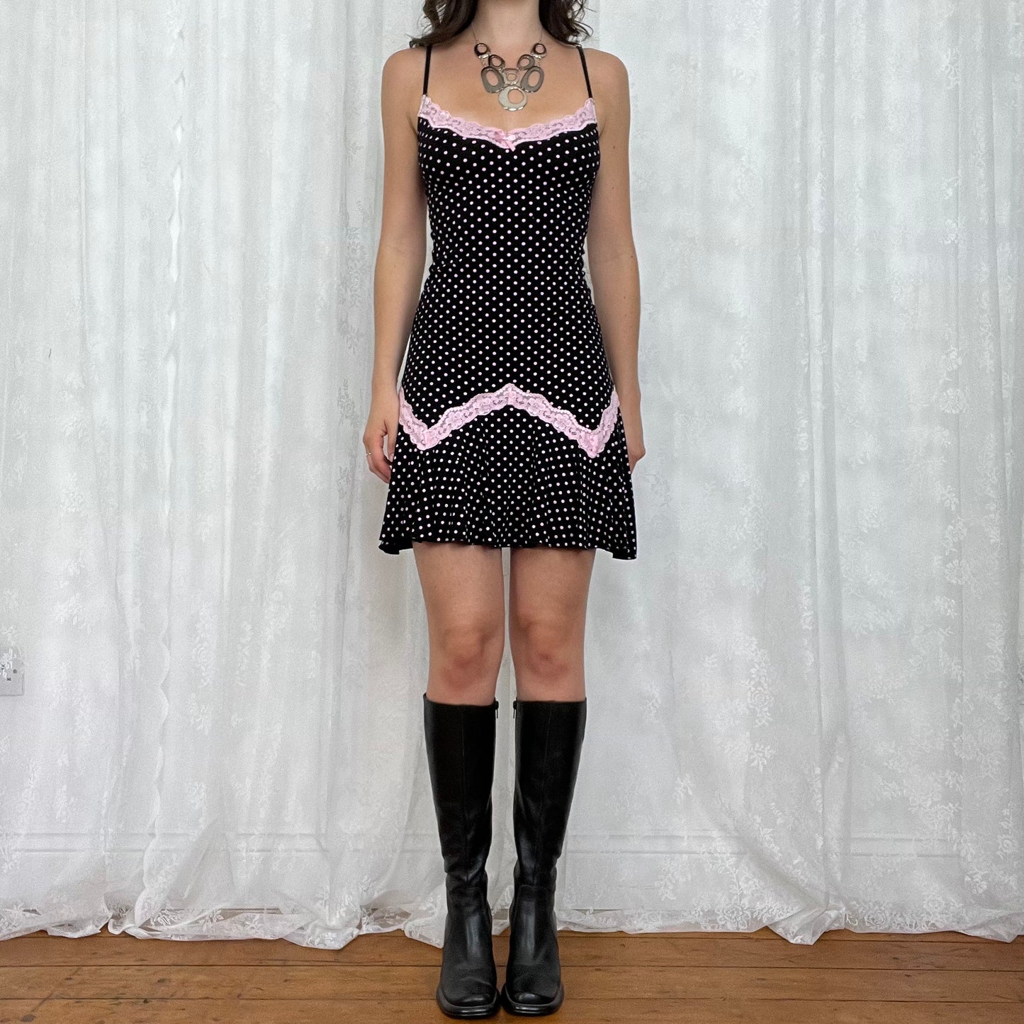 vintage 00s black and baby pink polka dot mini dress