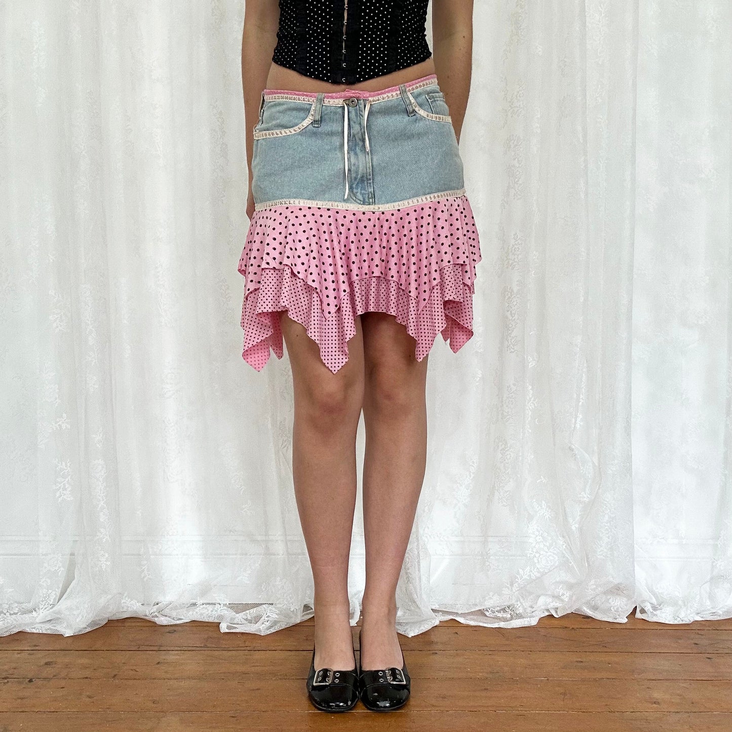 vintage 00s pink and black polka dot denim mini skirt