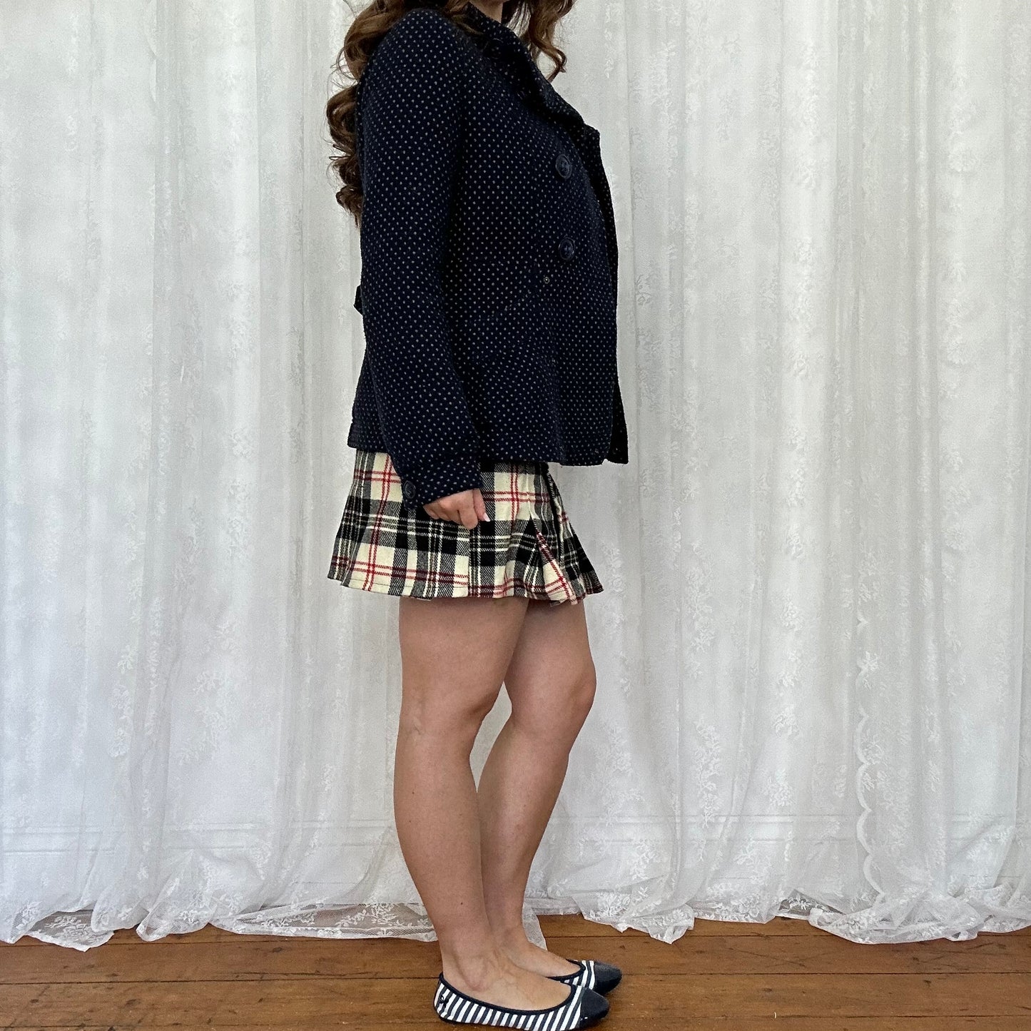 vintage 00s navy polka dot peacoat blazer