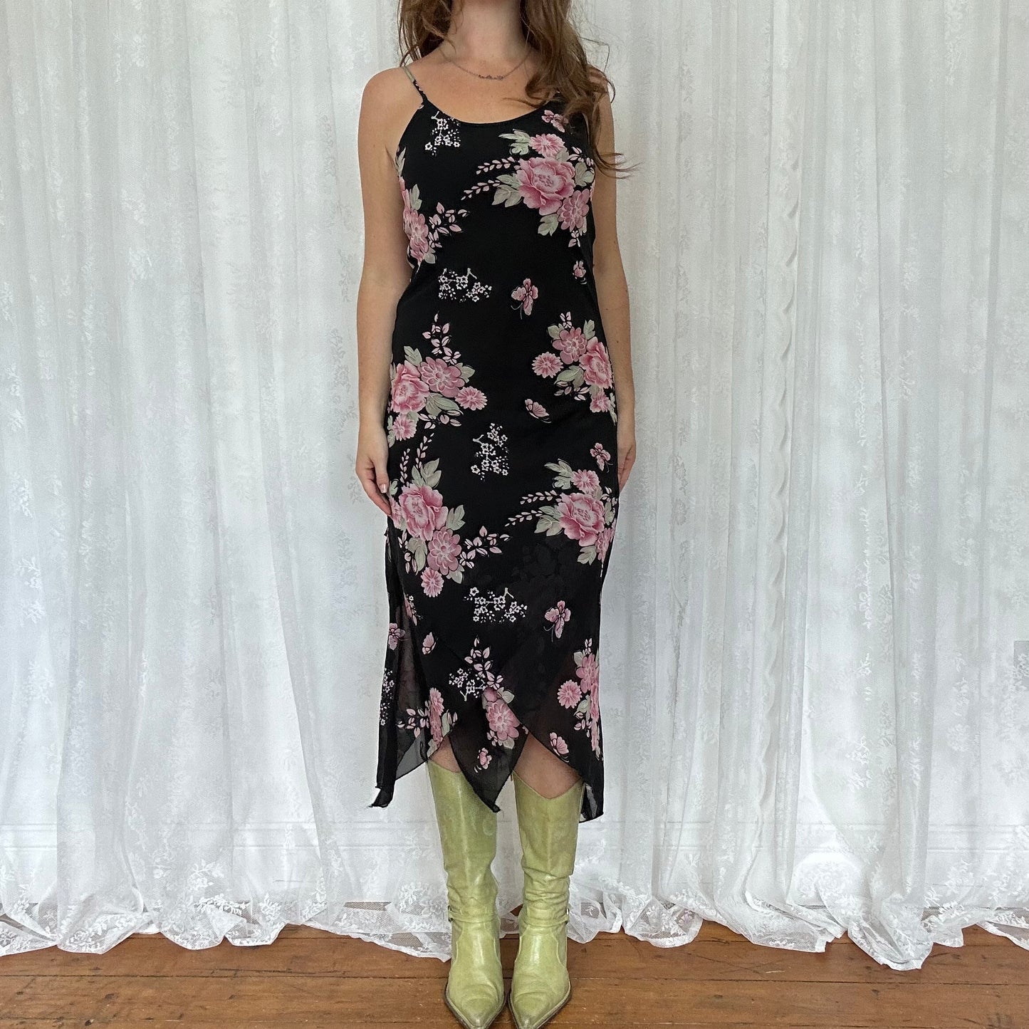vintage 00s black floral midi dress
