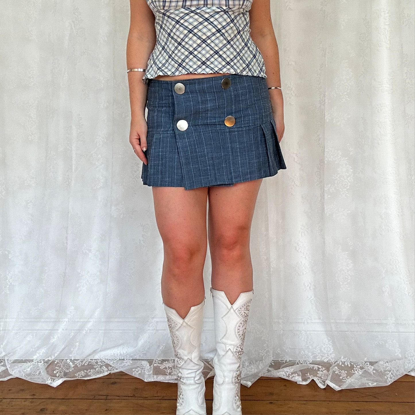 vintage 00s blue check button mini skirt