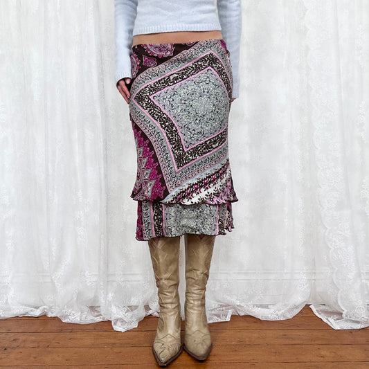 vintage 00s brown and purple paisley print midi skirt