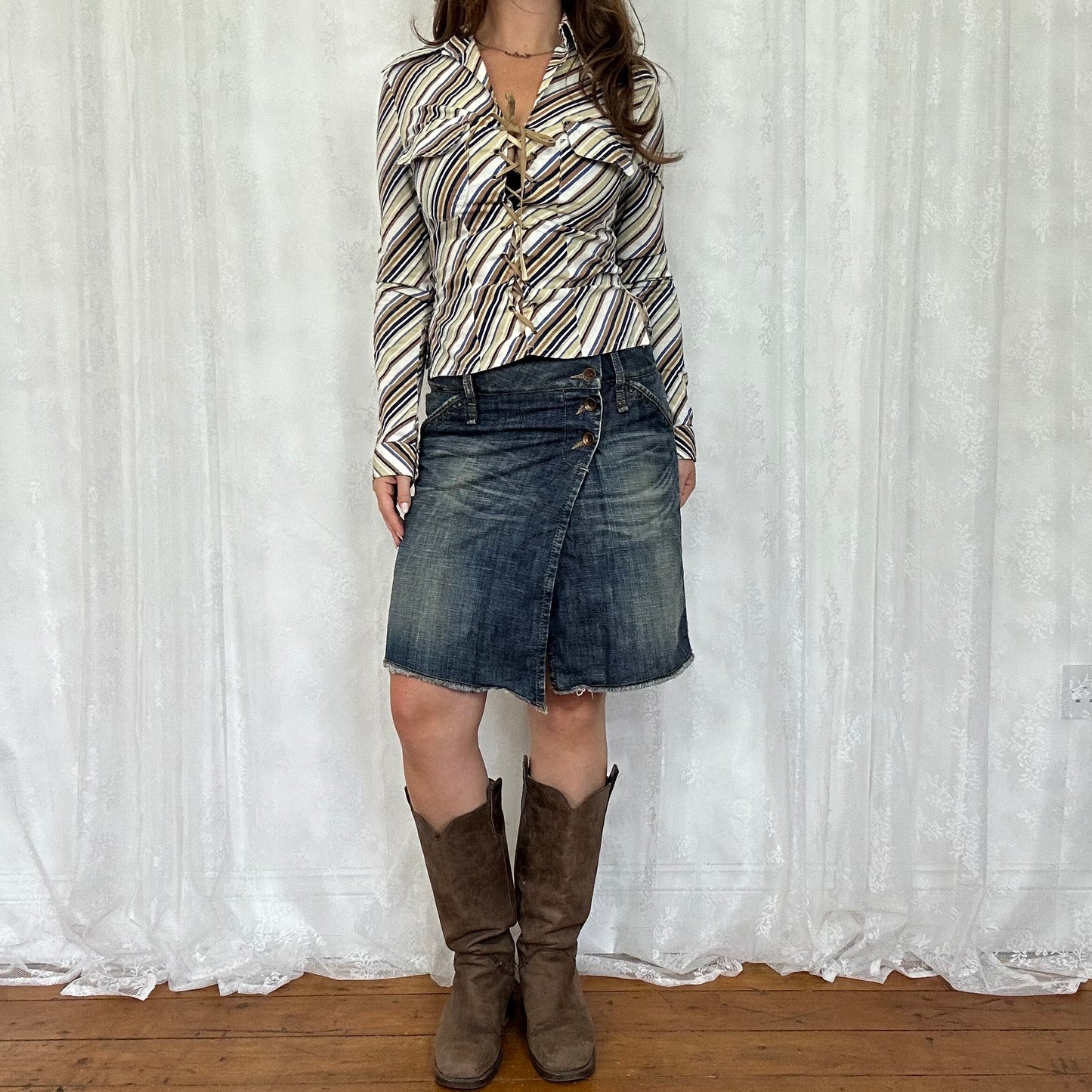 vintage 00s brown and blue stripe corset tie up shirt