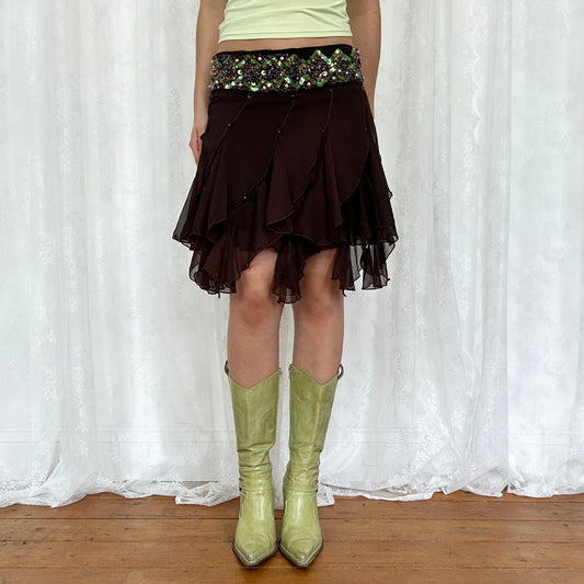 vintage 00s brown sequin frill mesh midi skirt