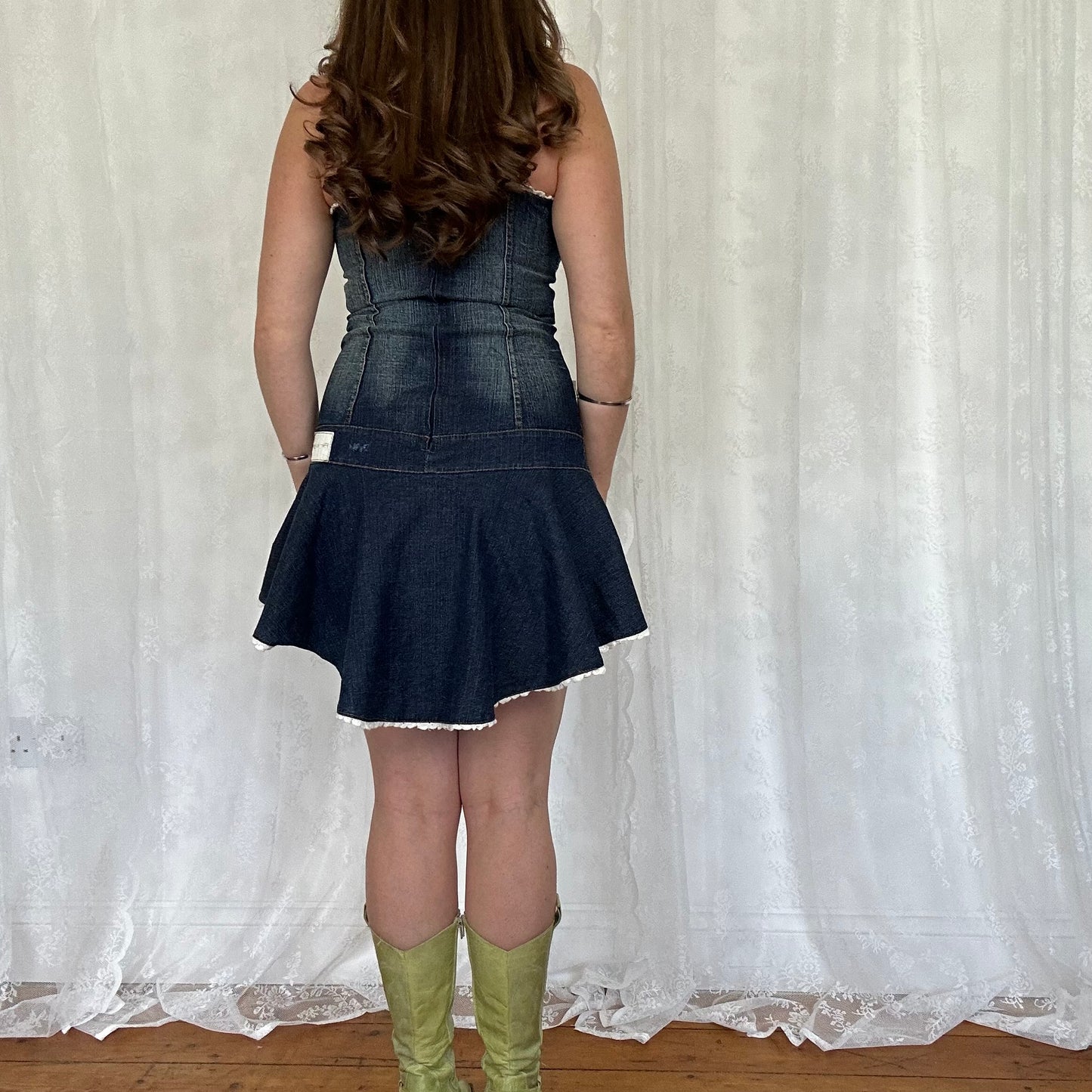 vintage 00s denim asymmetrical mini dress with lace trim