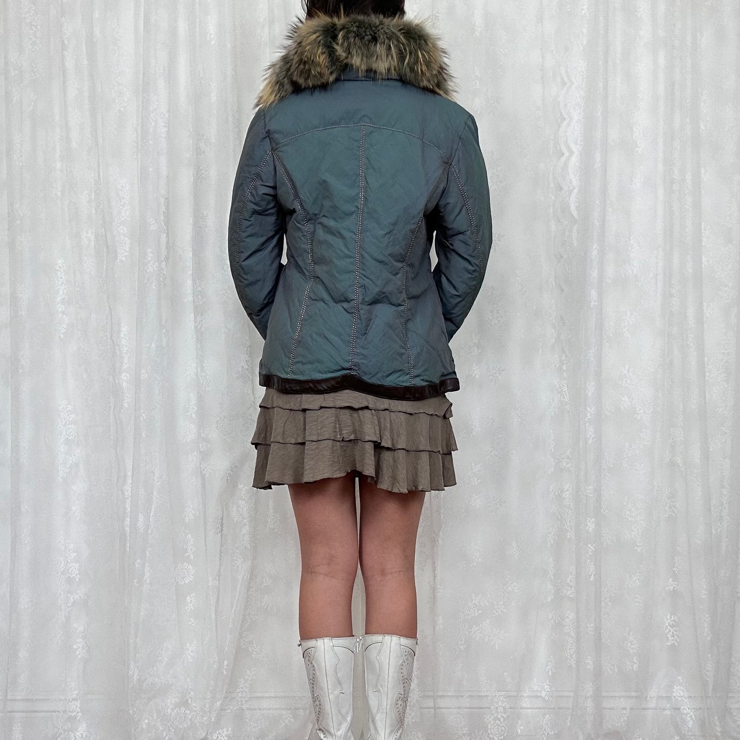 vintage 00s blue padded afghan jacket with faux fur trim and buckles