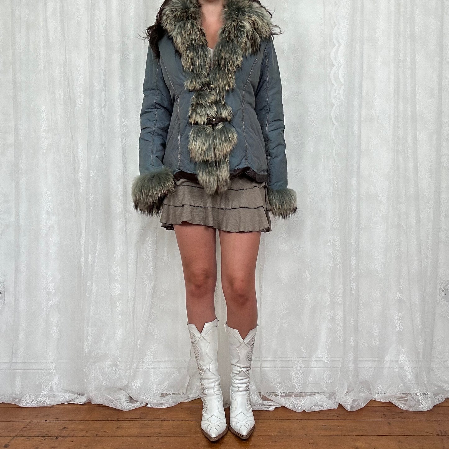 vintage 00s blue padded afghan jacket with faux fur trim and buckles