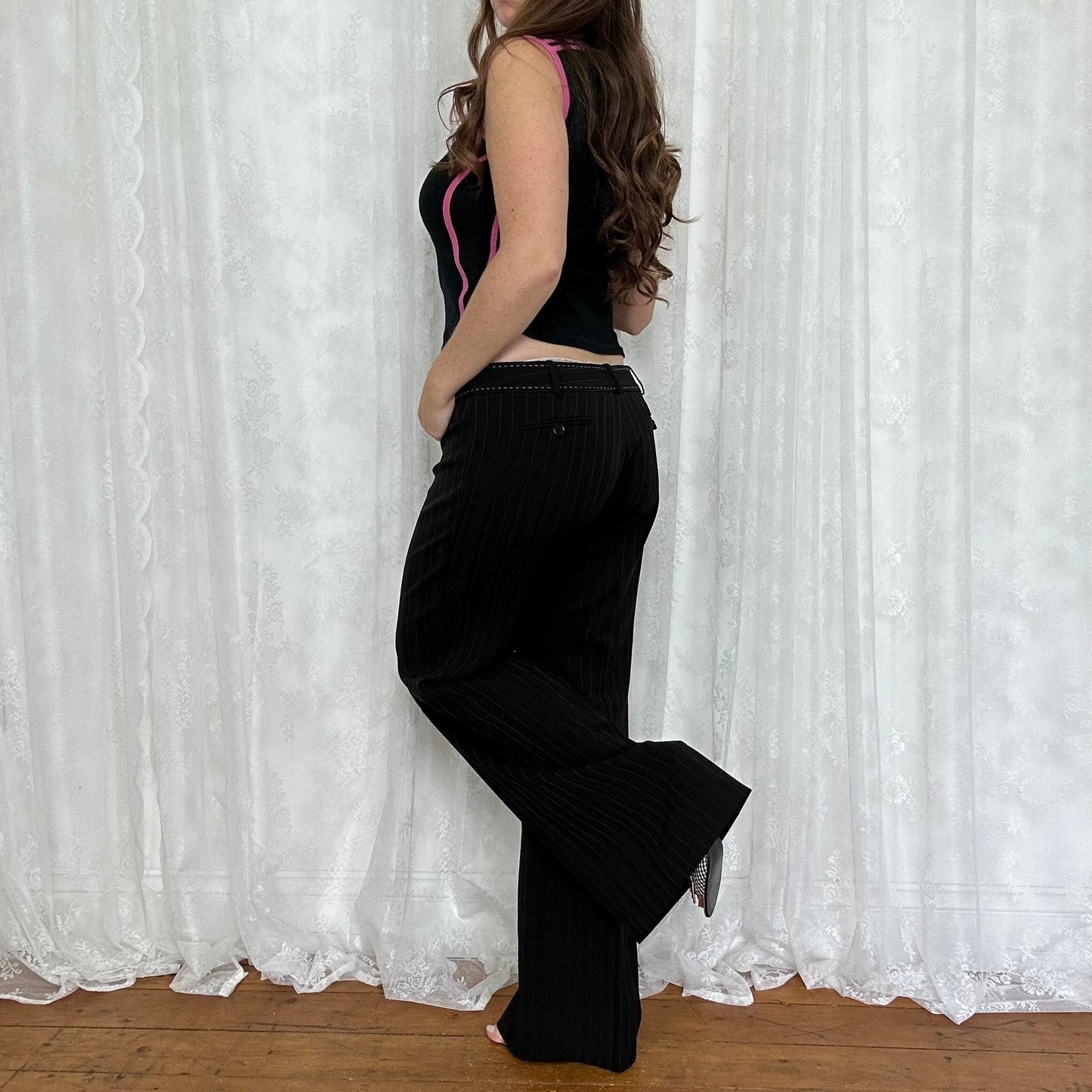 vintage 00s black pinstripe straight leg trousers
