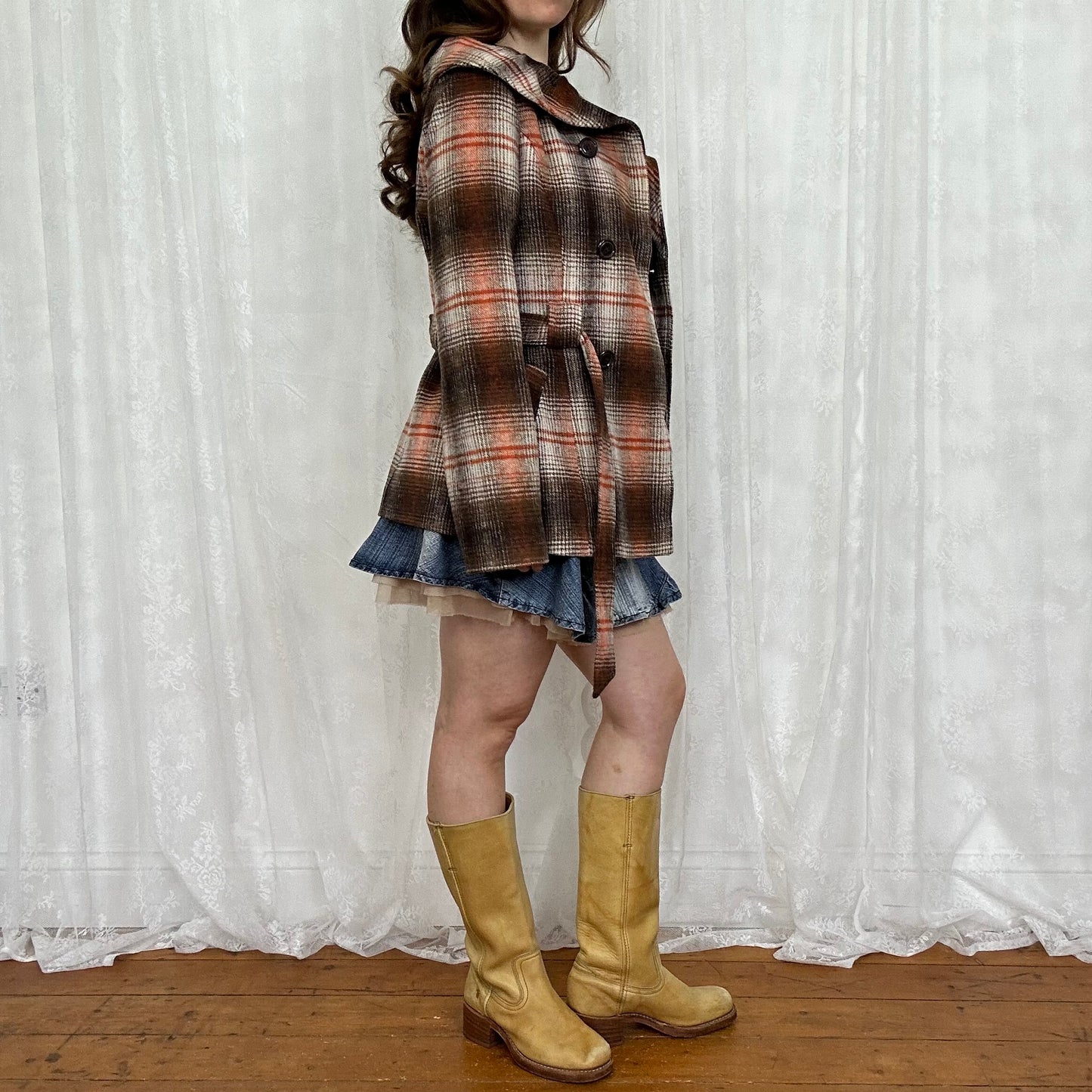 vintage 00s brown and orange checkered coat