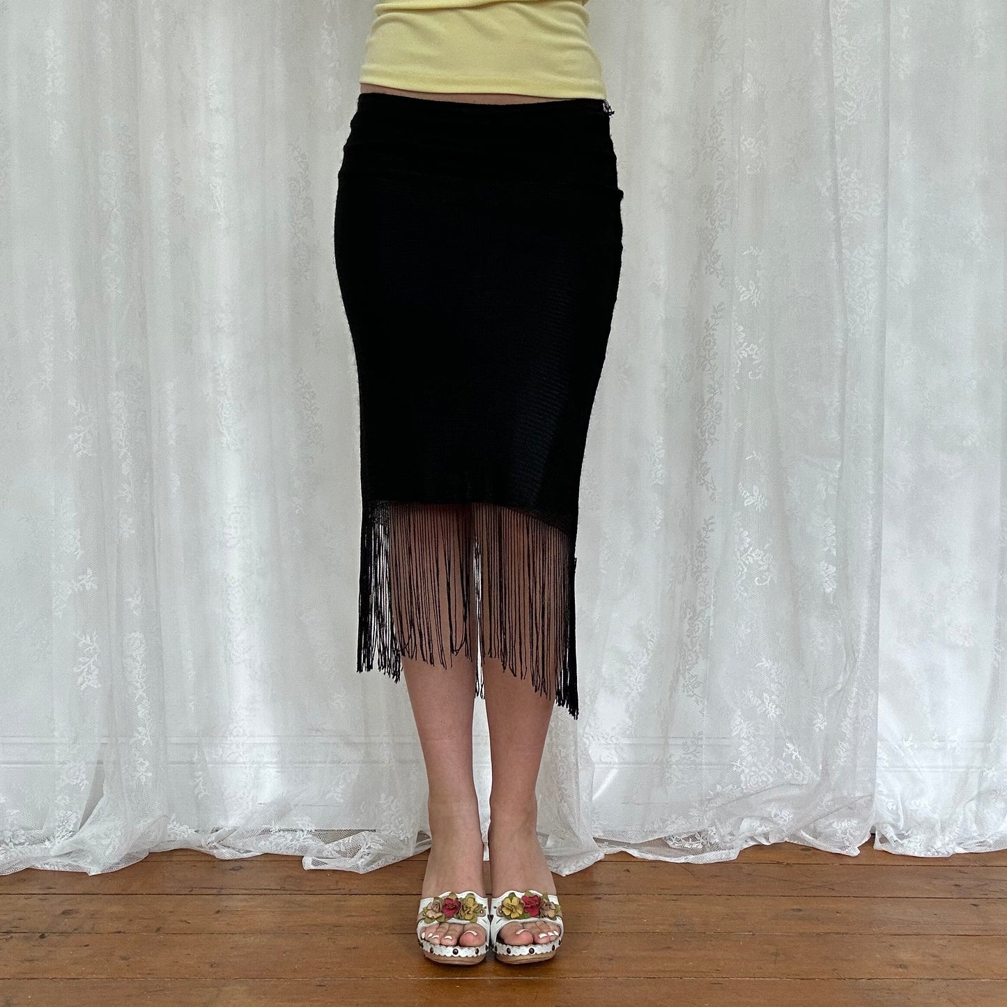 vintage 00s black crochet tassle midi skirt