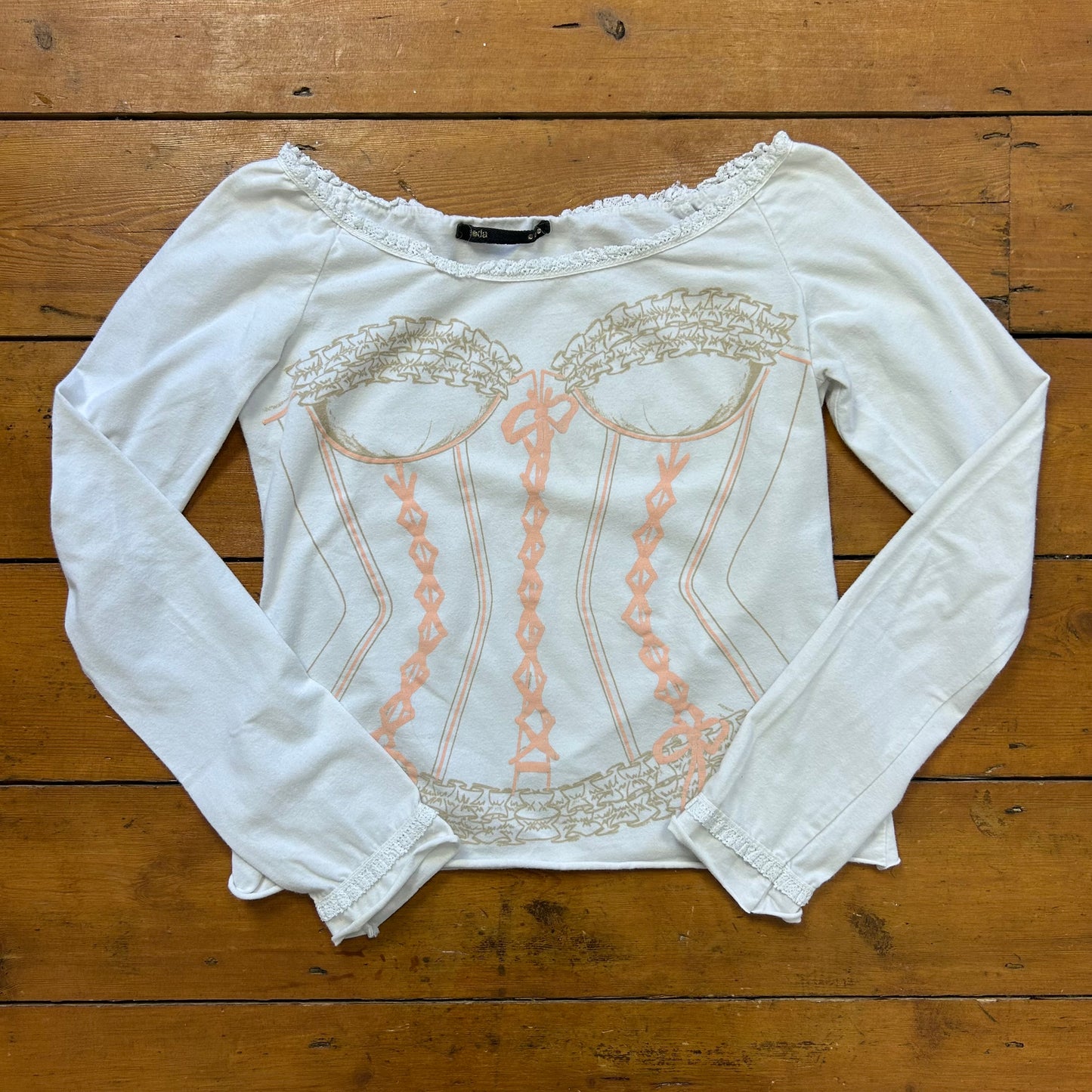 vintage 00s white long sleeve corset graphic top