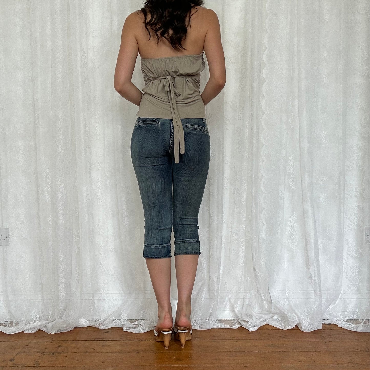 vintage 00s beige gingham strapless tie back top