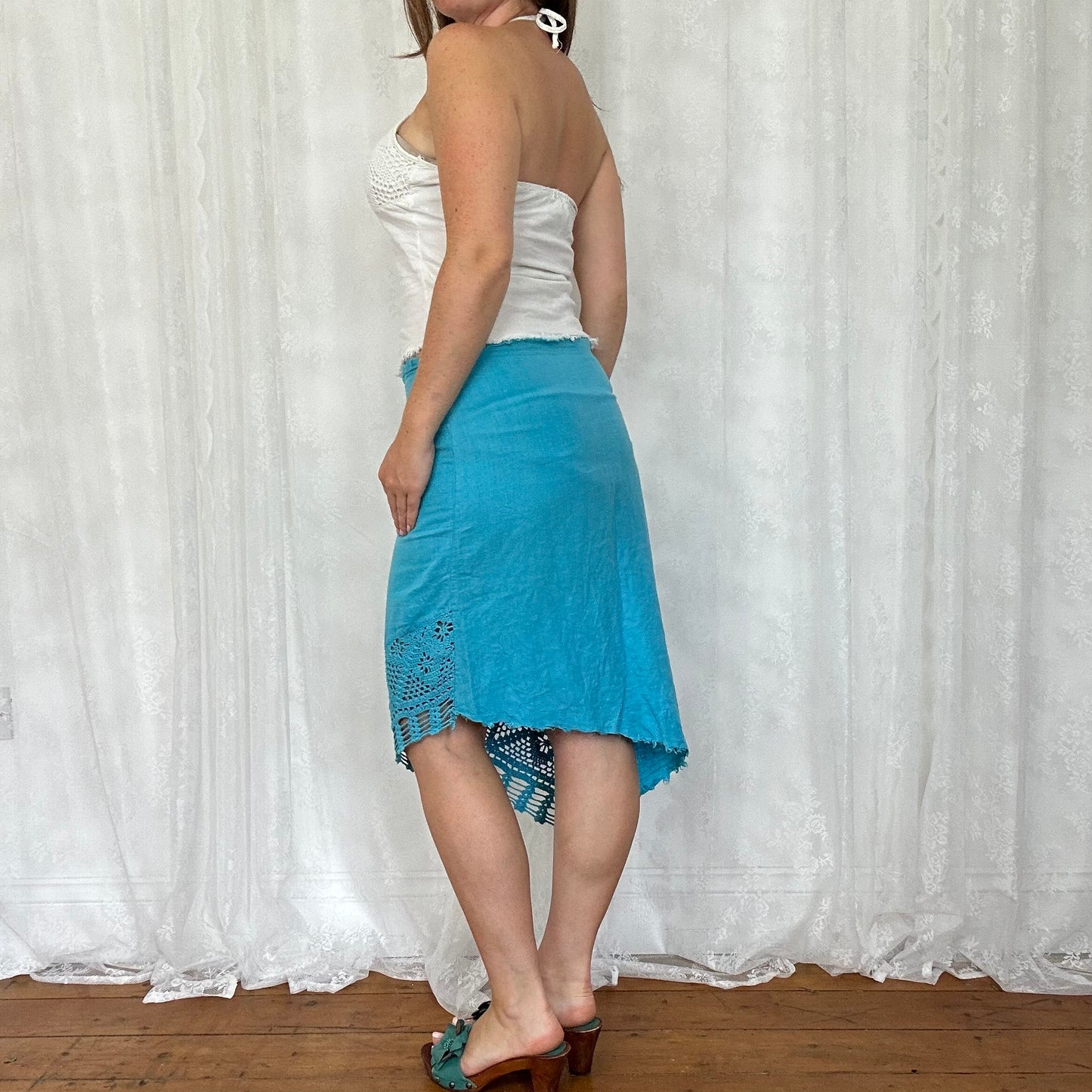 vintage 00s blue crochet detail midi skirt