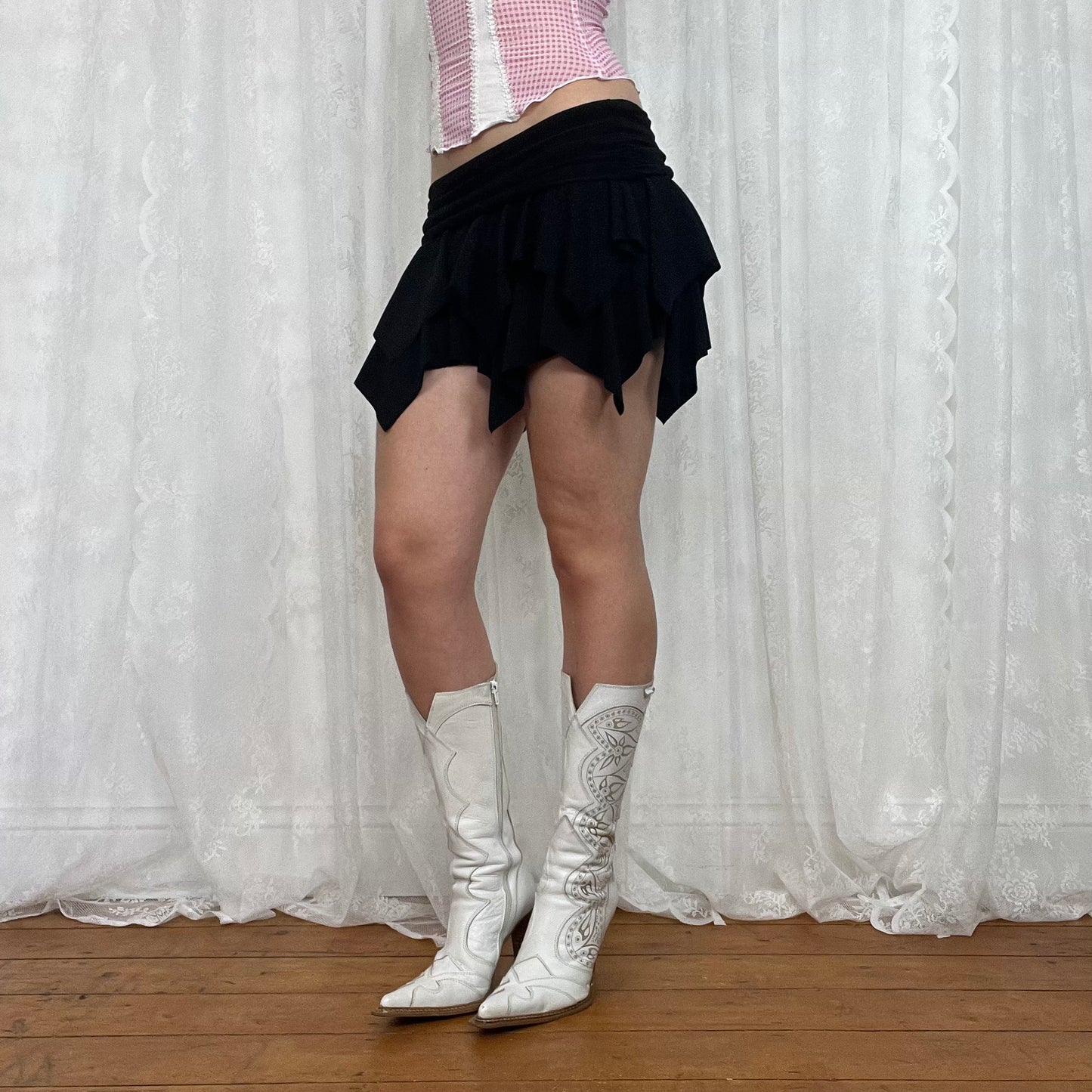 vintage 00s black glitter ruffle mini skirt